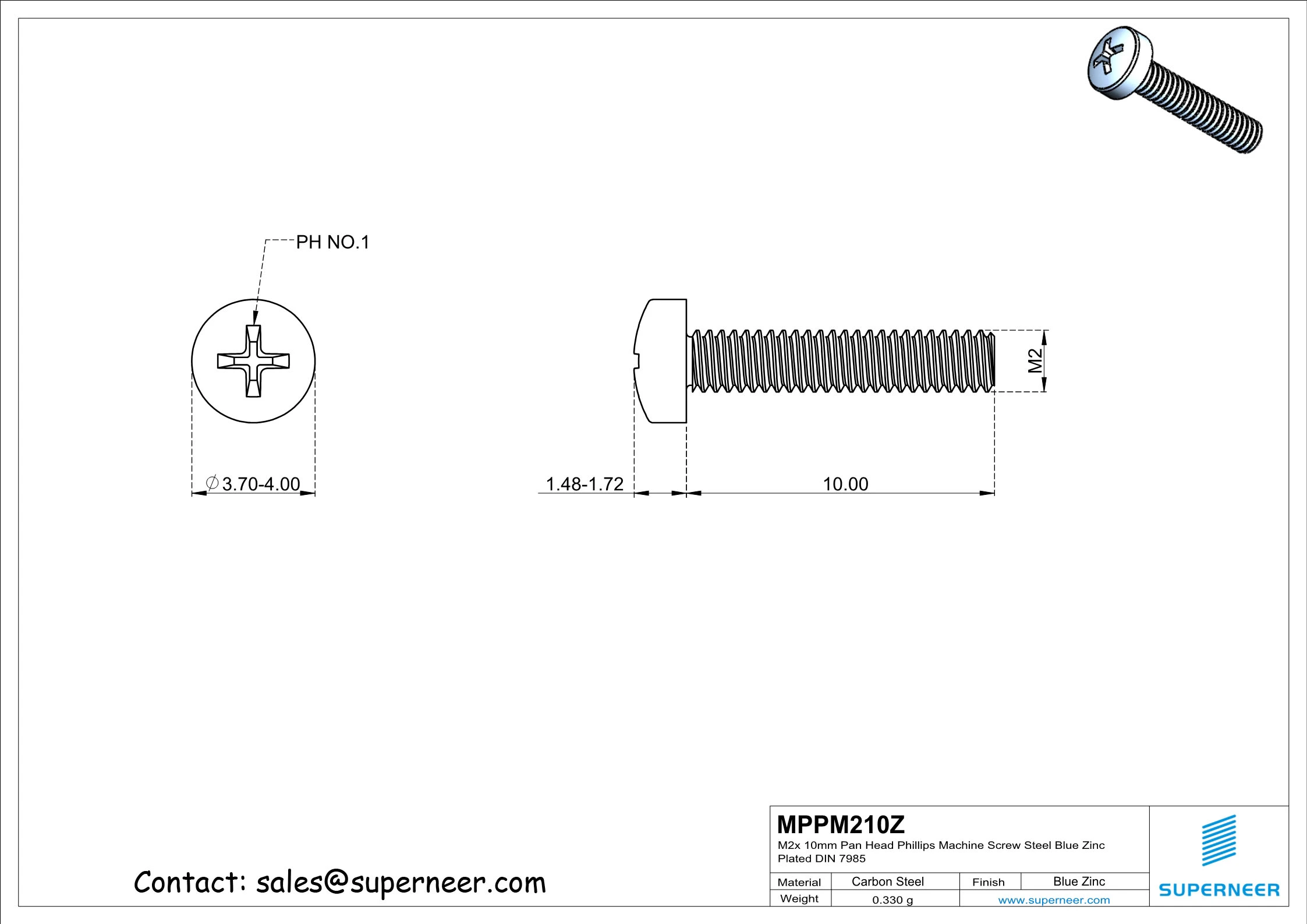 M2 x 10 mm Pan Head Phillips Machine Screw Steel Blue Zinc Plated DIN 7985