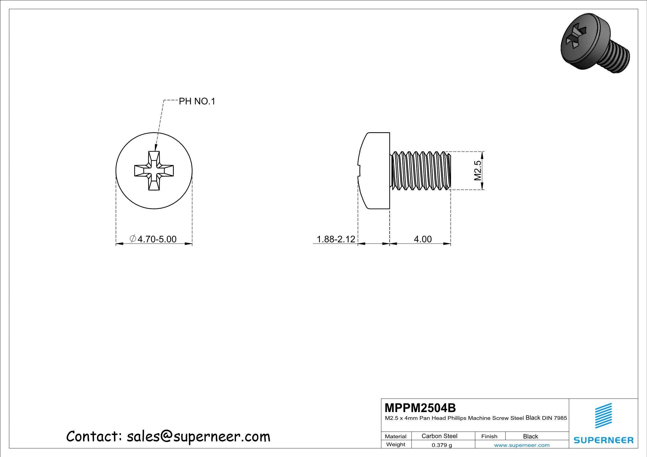 M2.5 x 4 mm Pan Head Phillips Machine Screw Steel Black DIN 7985