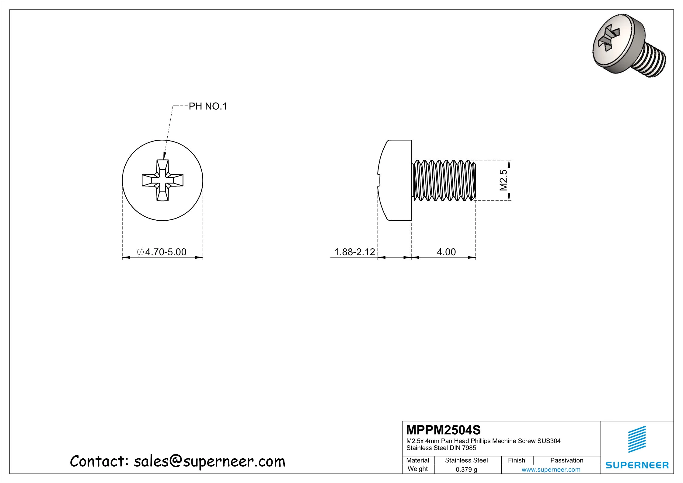 M2.5 x 4 mm  Pan Head Phillips Machine Screw SUS304 Stainless Steel Inox DIN 7985