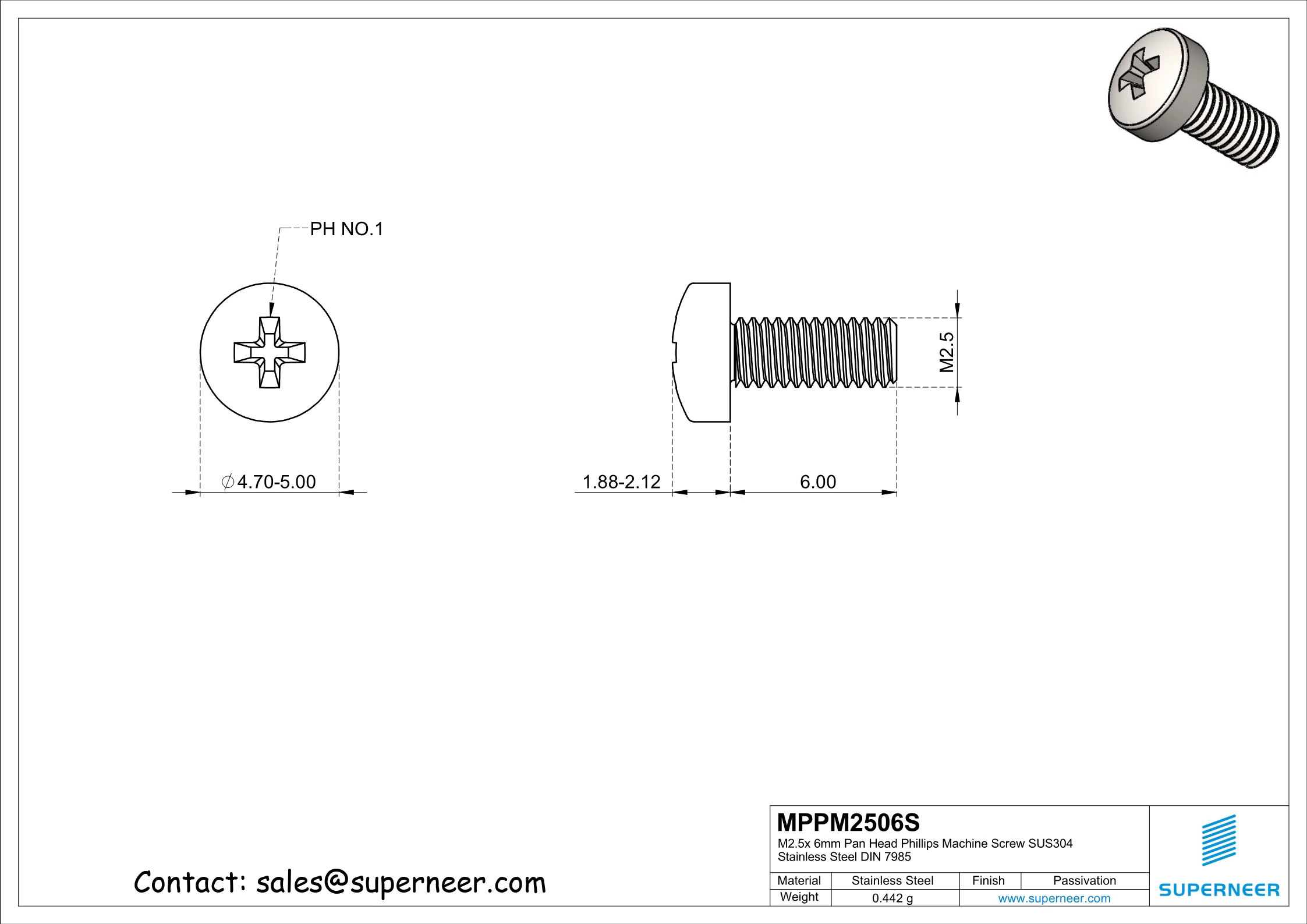 M2.5 x 6 mm Phillips Pan Head Screw SUS304 Stainless Steel Inox DIN 7985