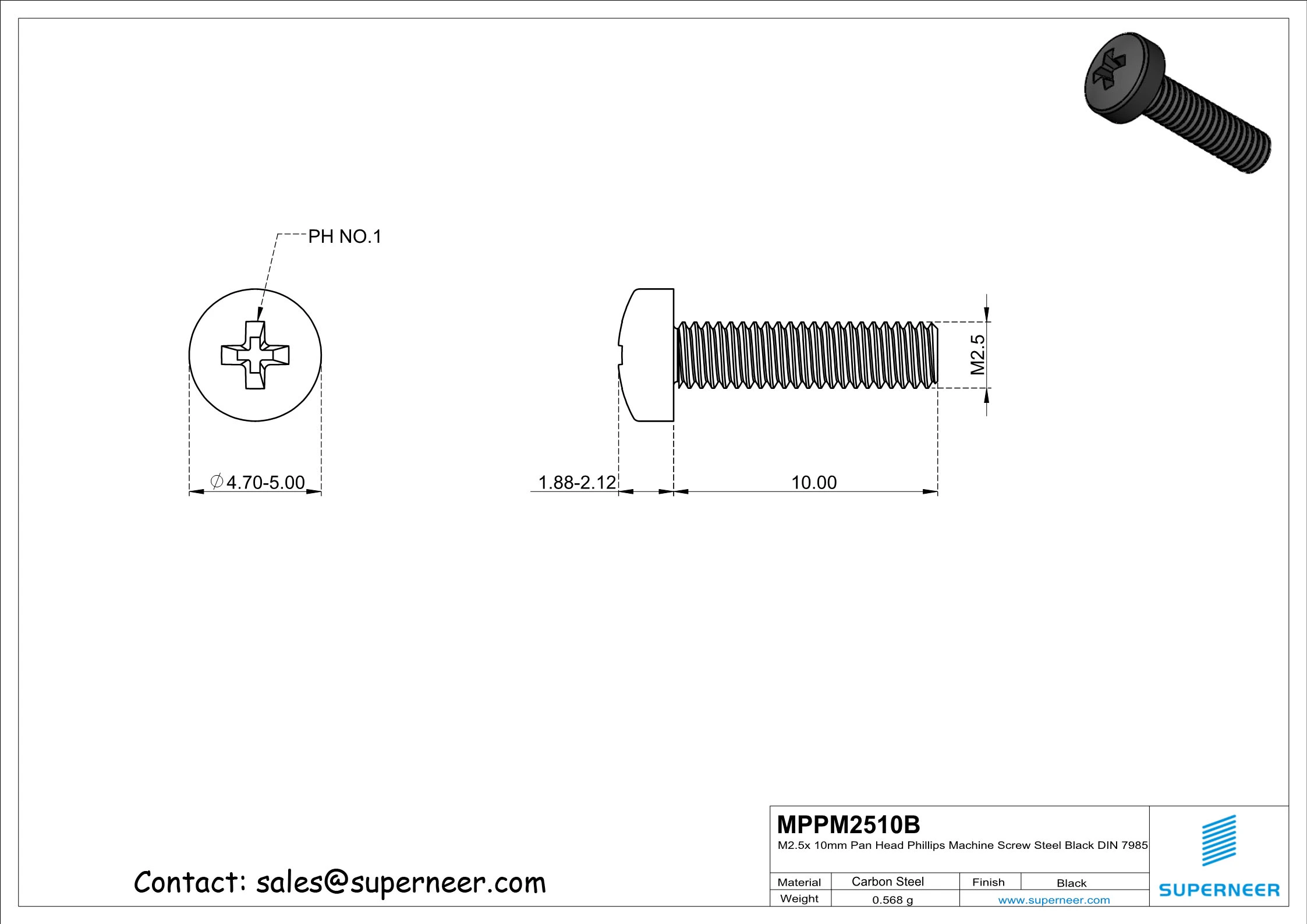 M2.5 x 10 mm Pan Head Phillips Machine Screw Steel Black DIN 7985