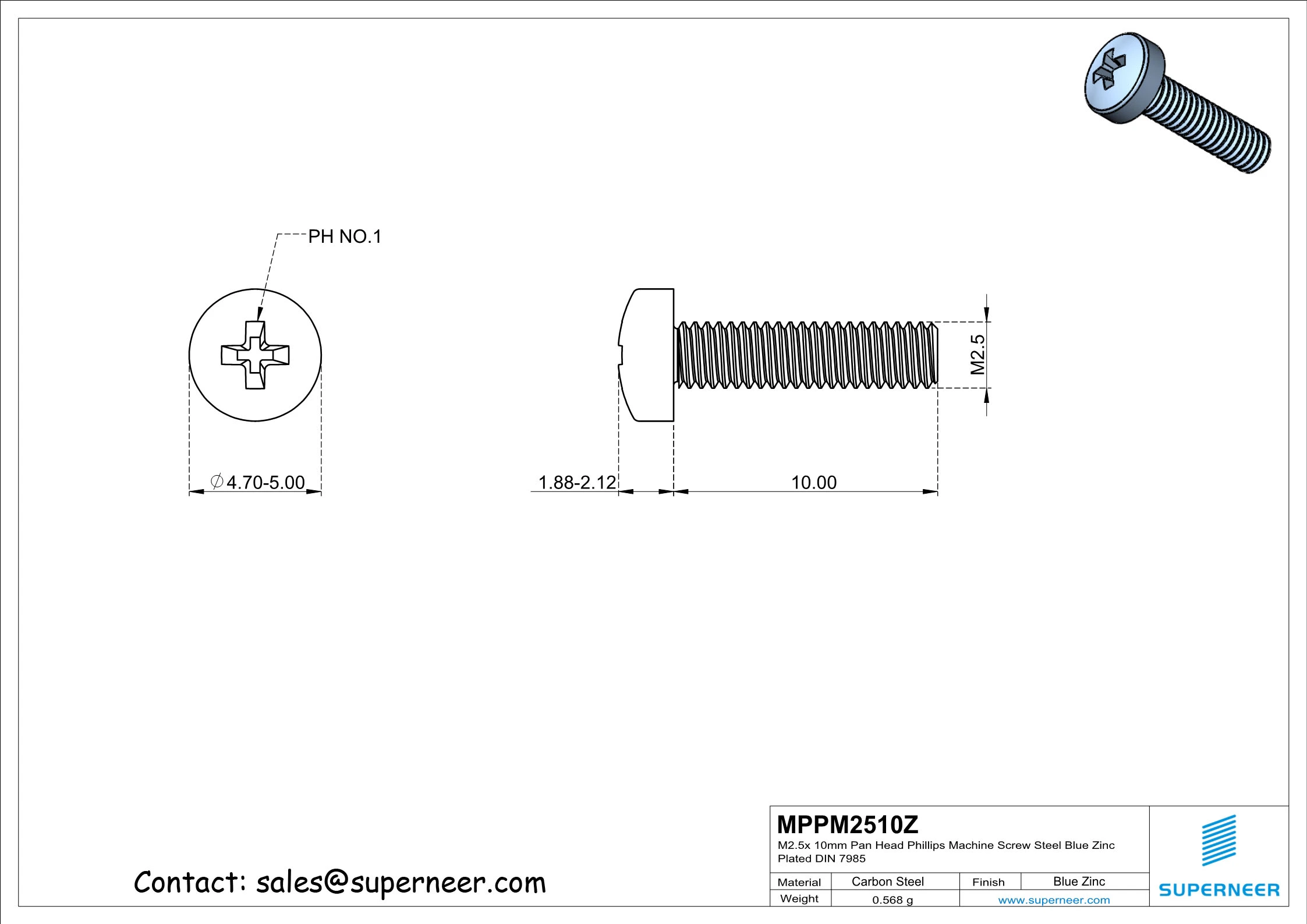 M2.5 x 10 mm Pan Head Phillips Machine Screw Steel Blue Zinc Plated DIN 7985