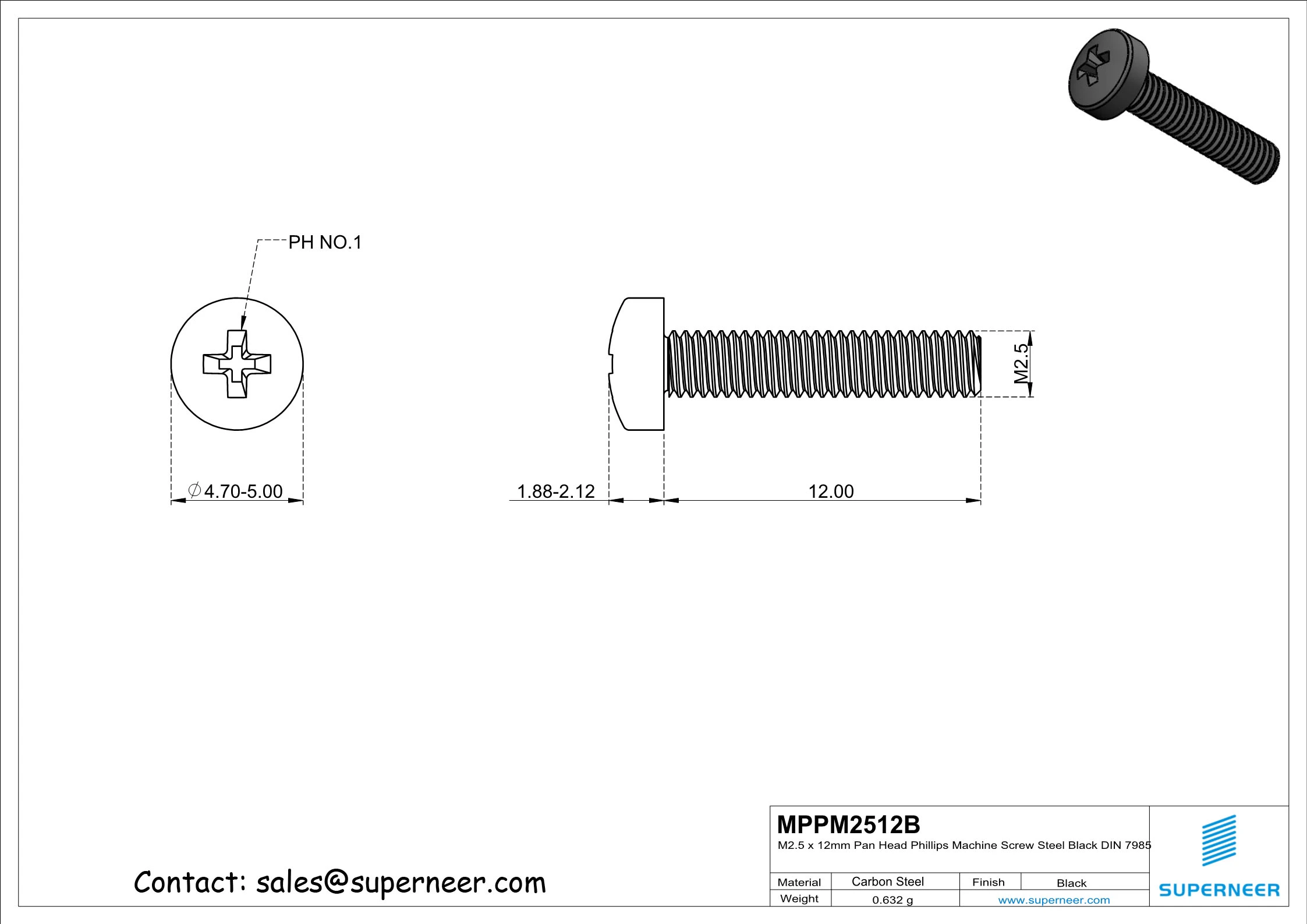 M2.5 x 12 mm Pan Head Phillips Machine Screw Steel Black DIN 7985