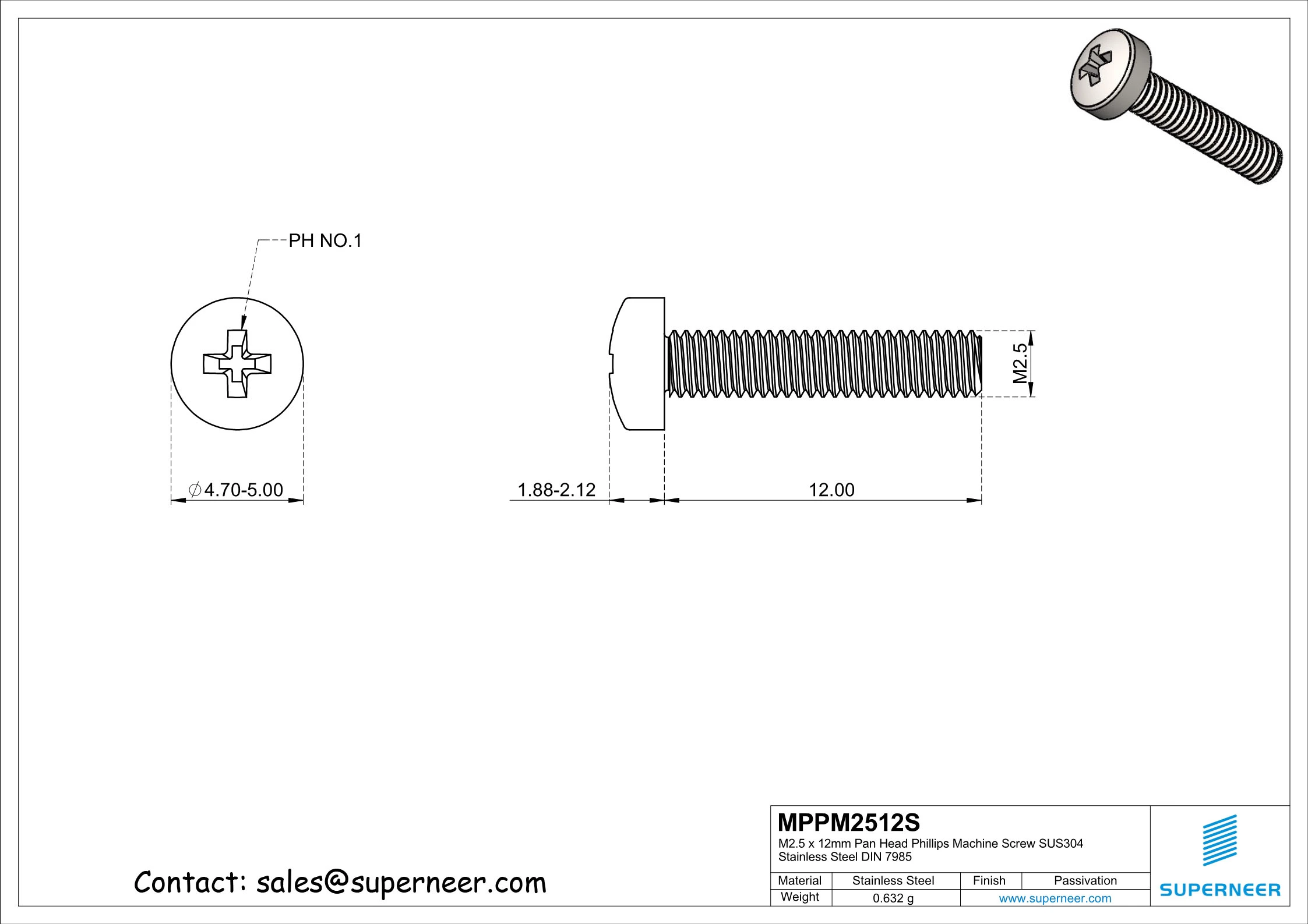 M2.5 x 12 mm  Pan Head Phillips Machine Screw SUS304 Stainless Steel Inox DIN 7985