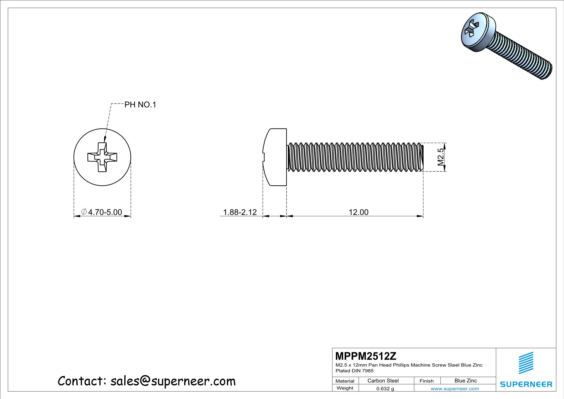 M2.5 x 12 mm Pan Head Phillips Machine Screw Steel Blue Zinc Plated DIN 7985