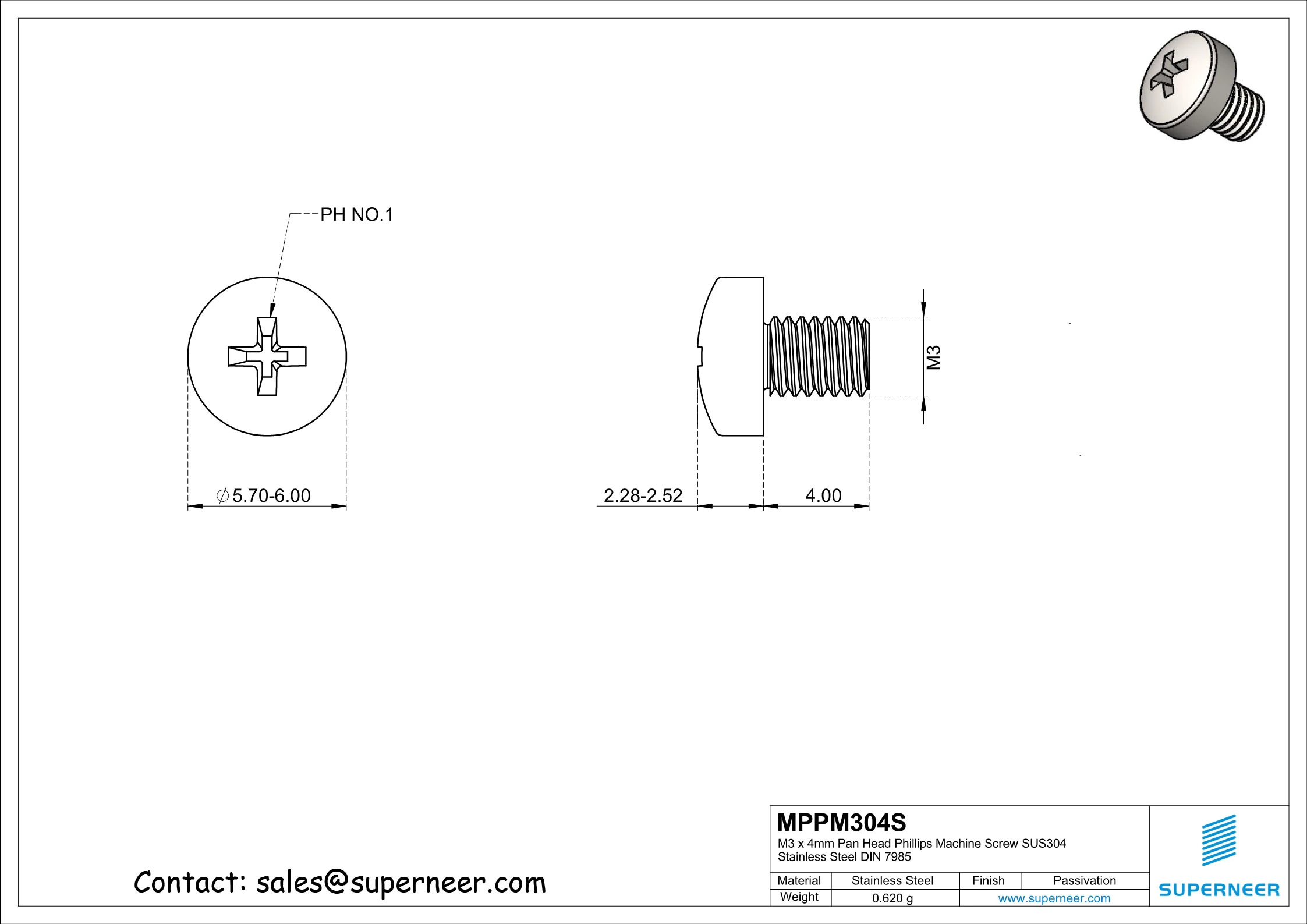 M3 x 4 mm  Pan Head Phillips Machine Screw SUS304 Stainless Steel Inox DIN 7985