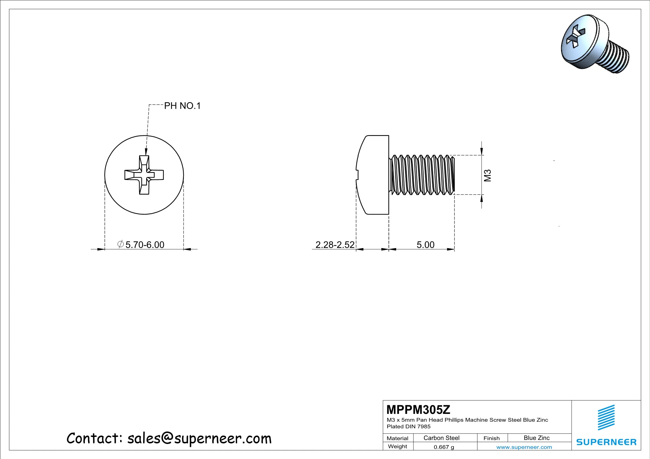 M3 x 5 mm Pan Head Phillips Machine Screw Steel Blue Zinc Plated DIN 7985