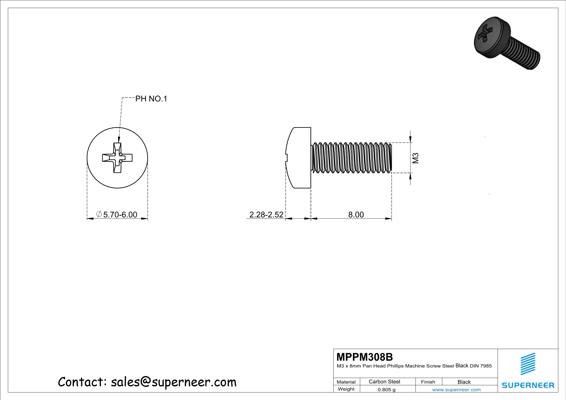 M3 x 8 mm Pan Head Phillips Machine Screw Steel Black DIN 7985