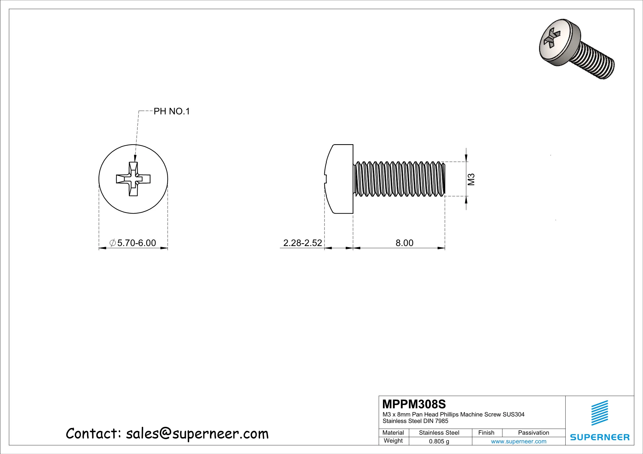 M3 x 8 mm  Pan Head Phillips Machine Screw SUS304 Stainless Steel Inox DIN 7985