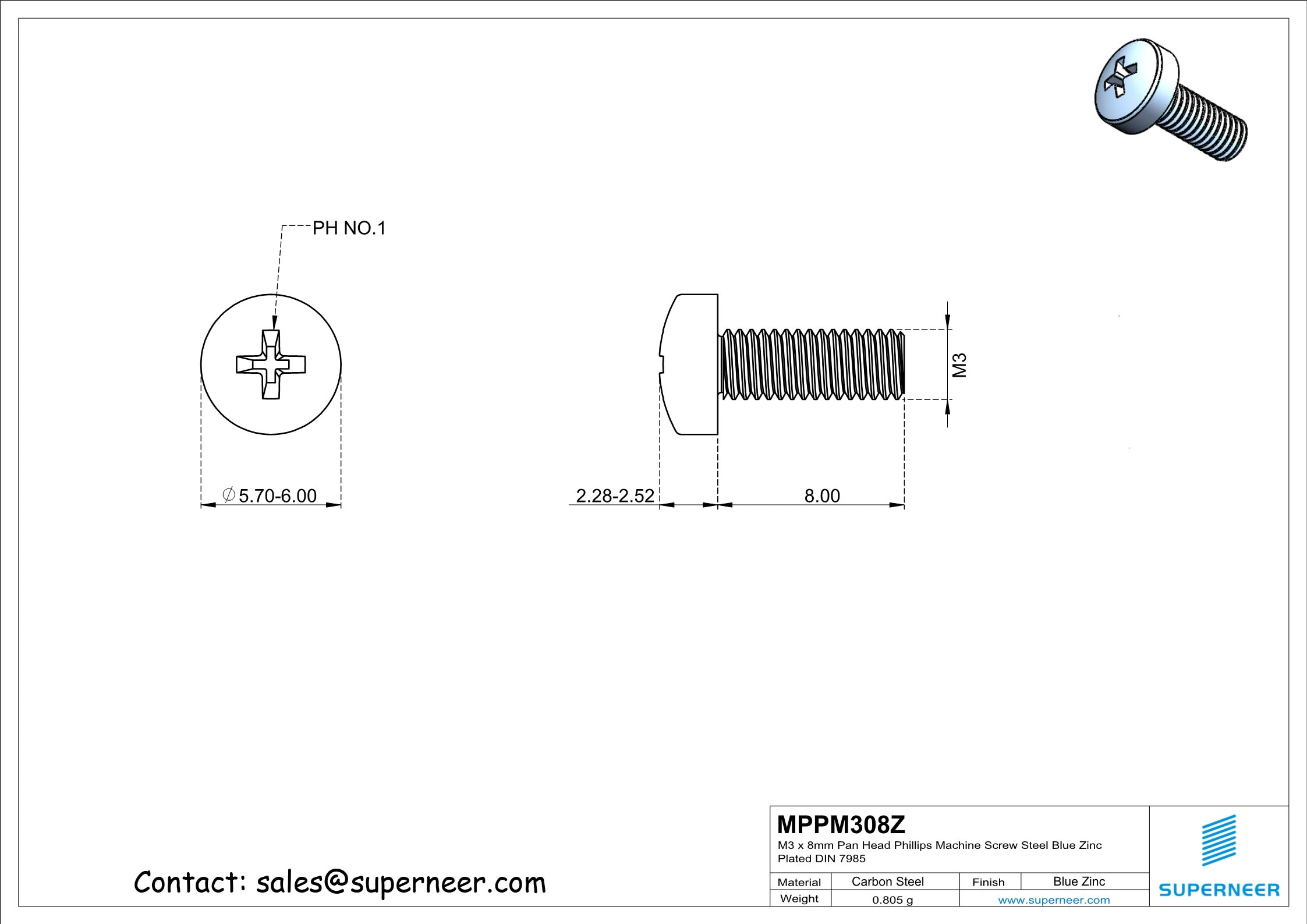 M3 x 8 mm Pan Head Phillips Machine Screw Steel Blue Zinc Plated DIN 7985