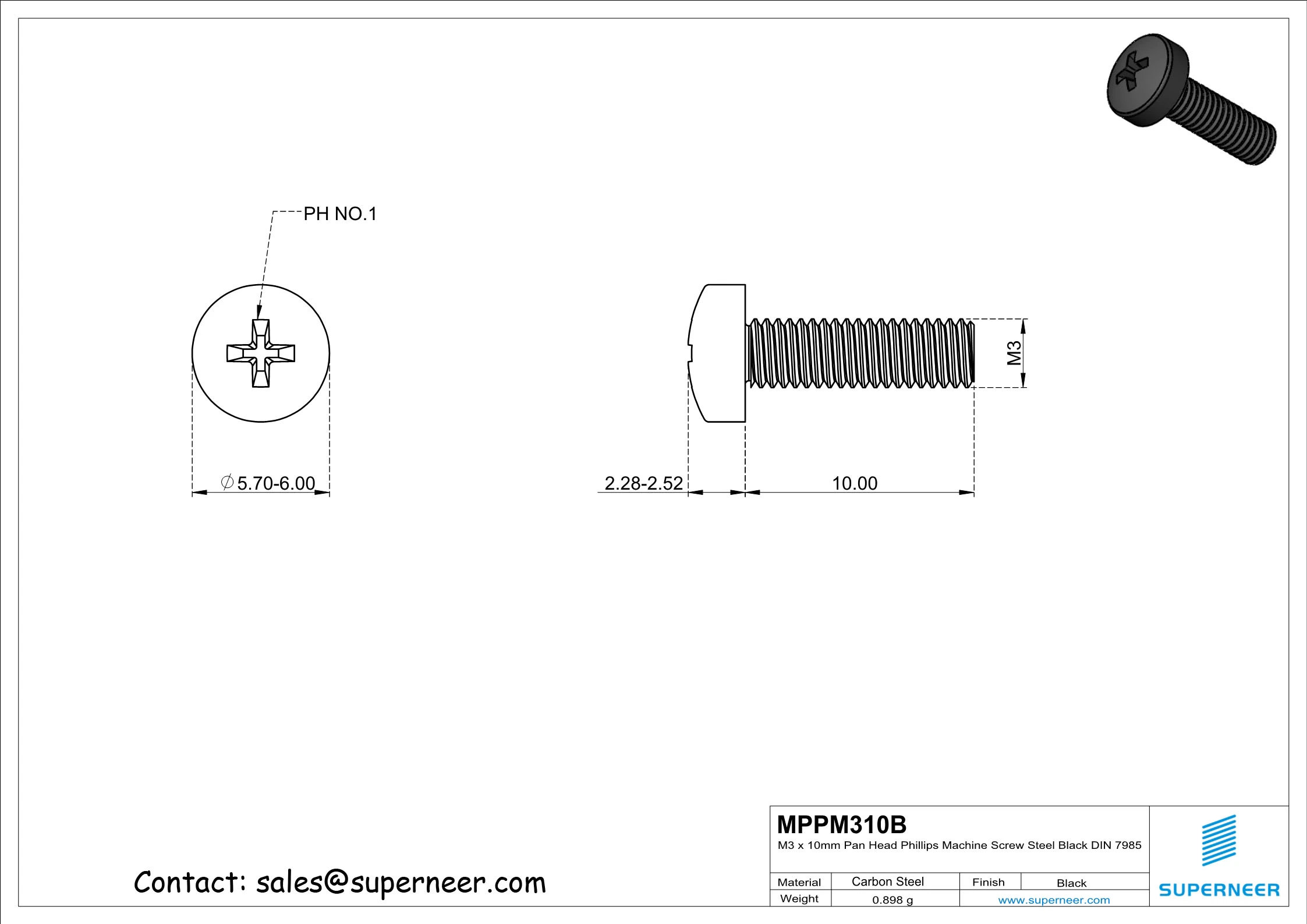 M3 x 10 mm Pan Head Phillips Machine Screw Steel Black DIN 7985