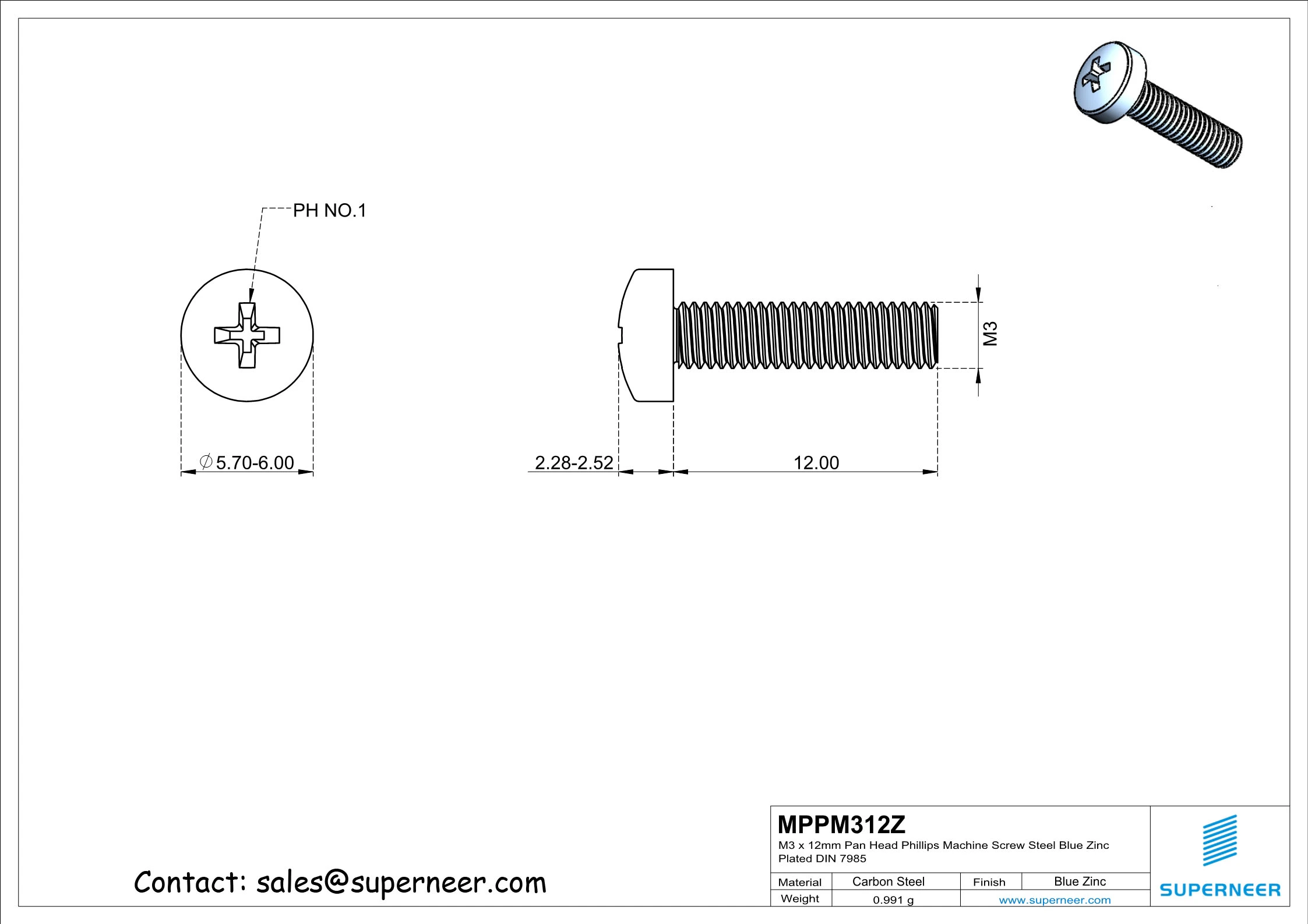 M3 x 12 mm Pan Head Phillips Machine Screw Steel Blue Zinc Plated DIN 7985