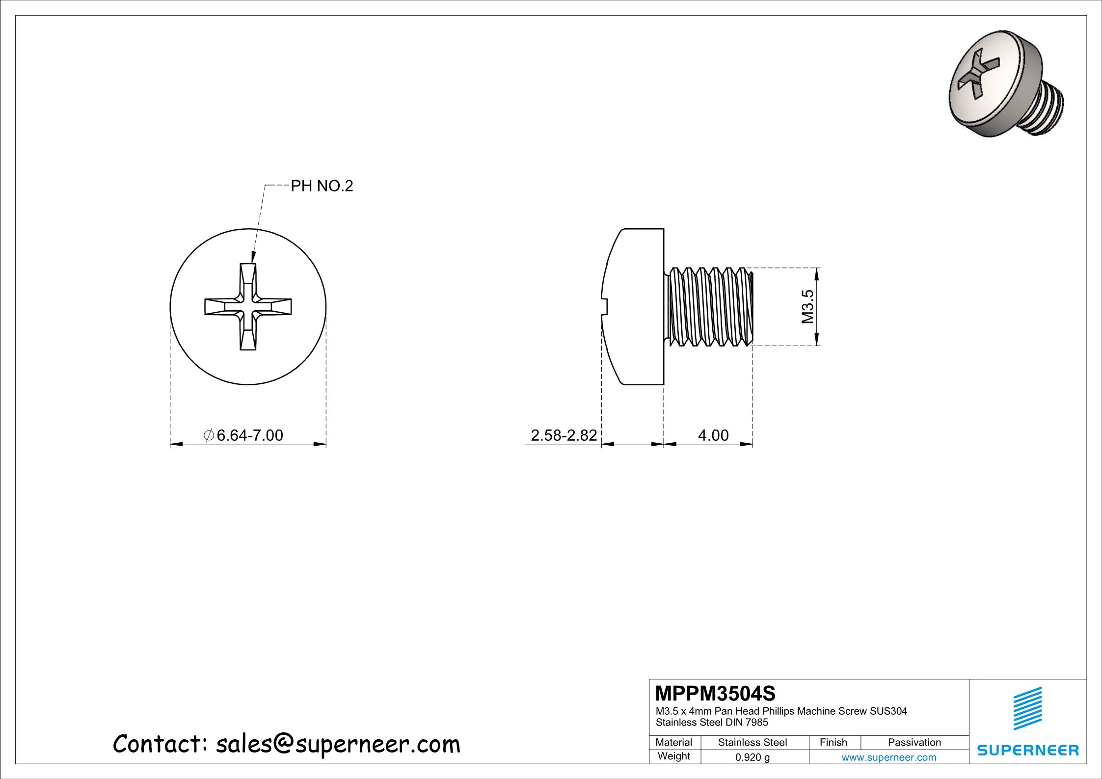 M3.5 x 4 mm  Pan Head Phillips Machine Screw SUS304 Stainless Steel Inox DIN 7985