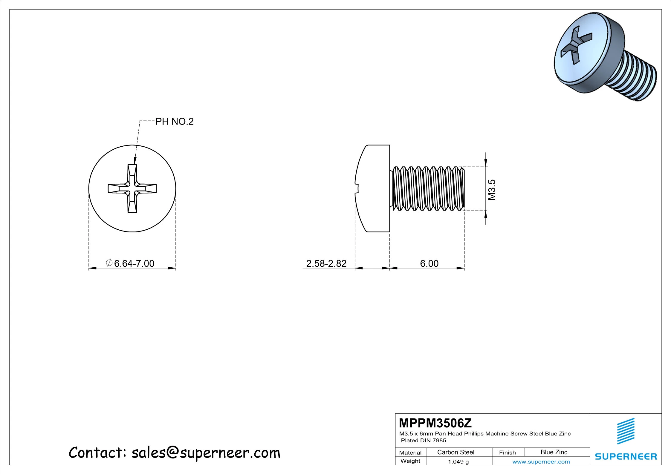 M3.5 x 6 mm Pan Head Phillips Machine Screw Steel Blue Zinc Plated DIN 7985