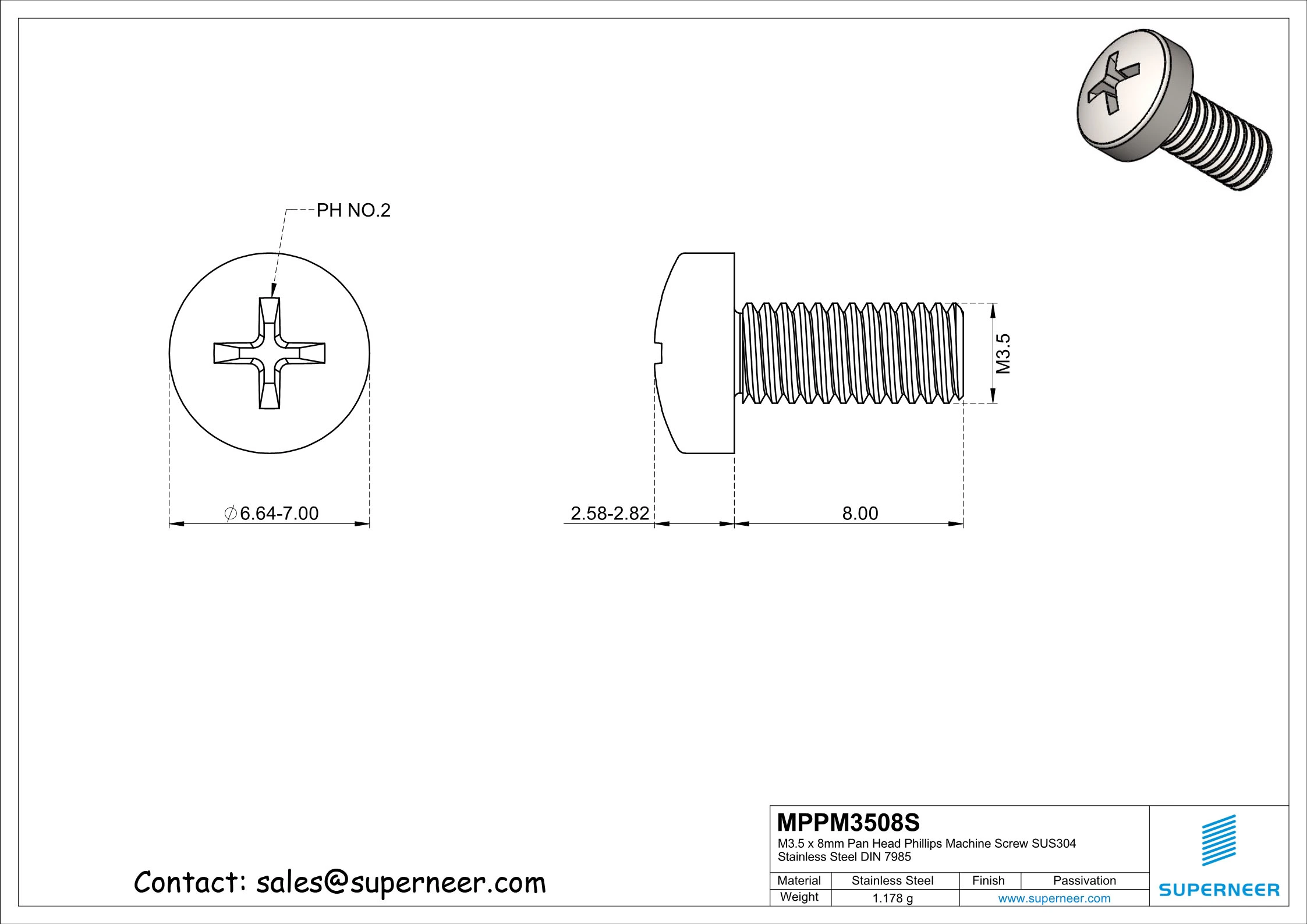 M3.5 x 8 mm  Pan Head Phillips Machine Screw SUS304 Stainless Steel Inox DIN 7985