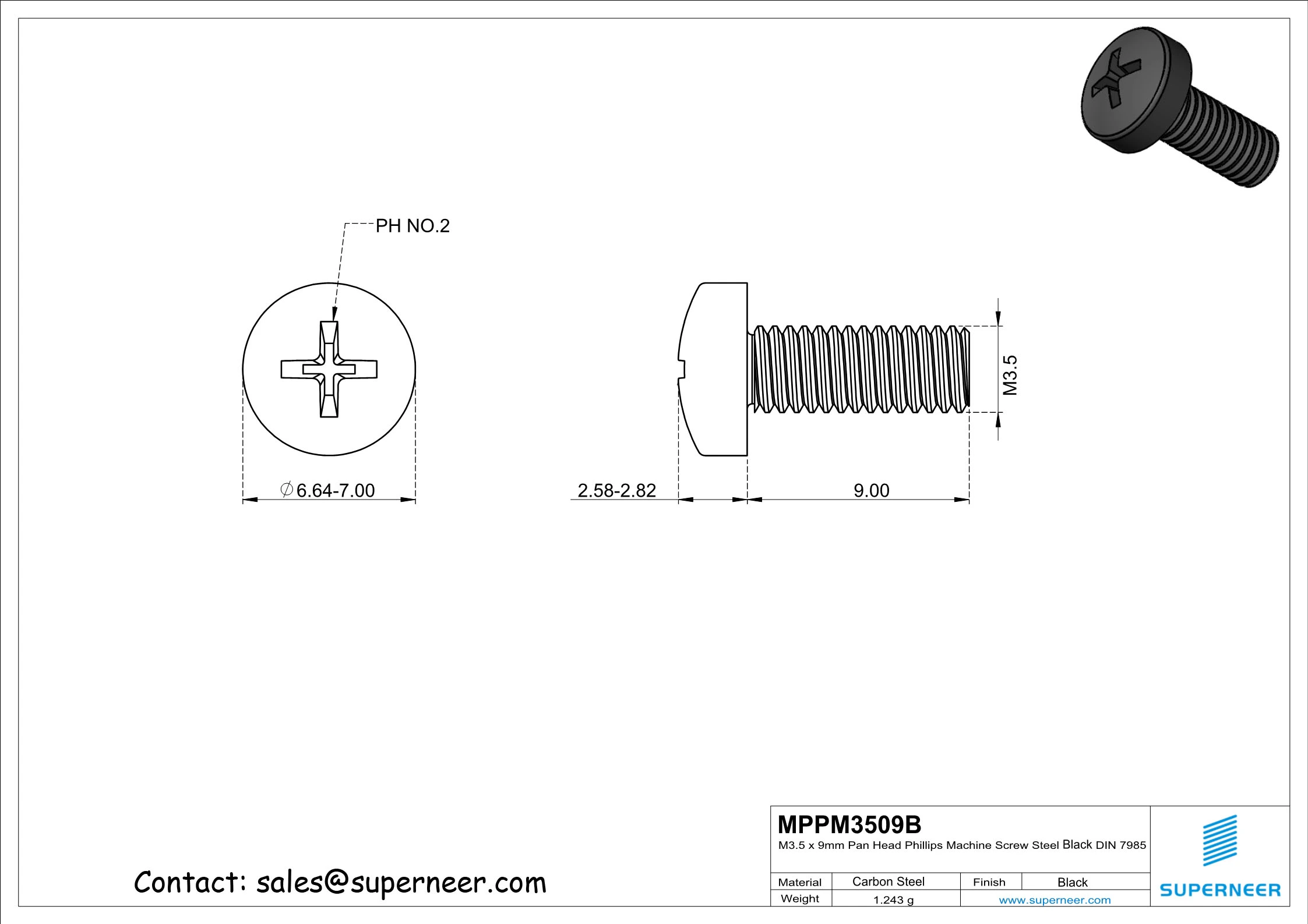 M3.5 x 9 mm Pan Head Phillips Machine Screw Steel Black DIN 7985