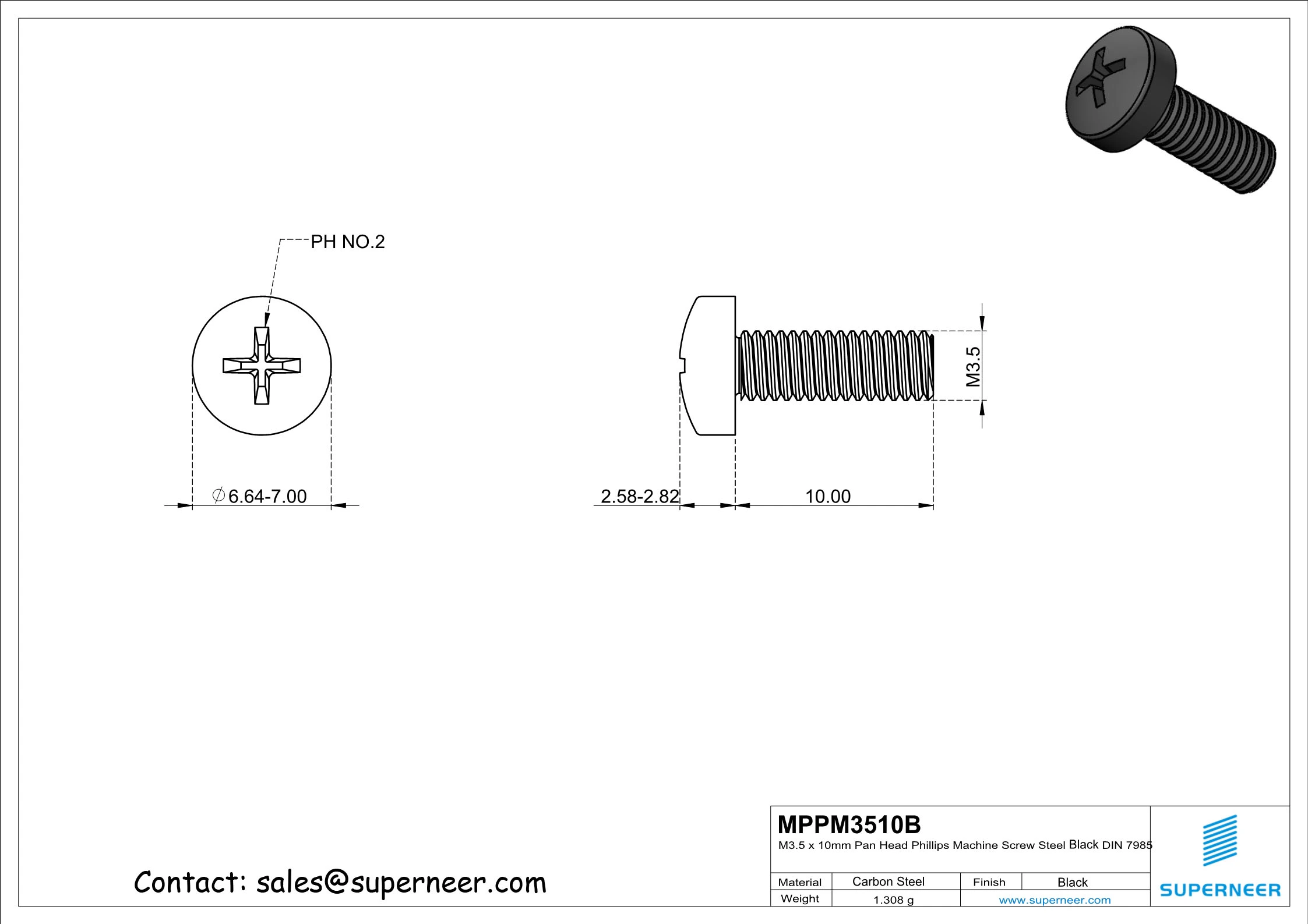 M3.5 x 10 mm Pan Head Phillips Machine Screw Steel Black DIN 7985