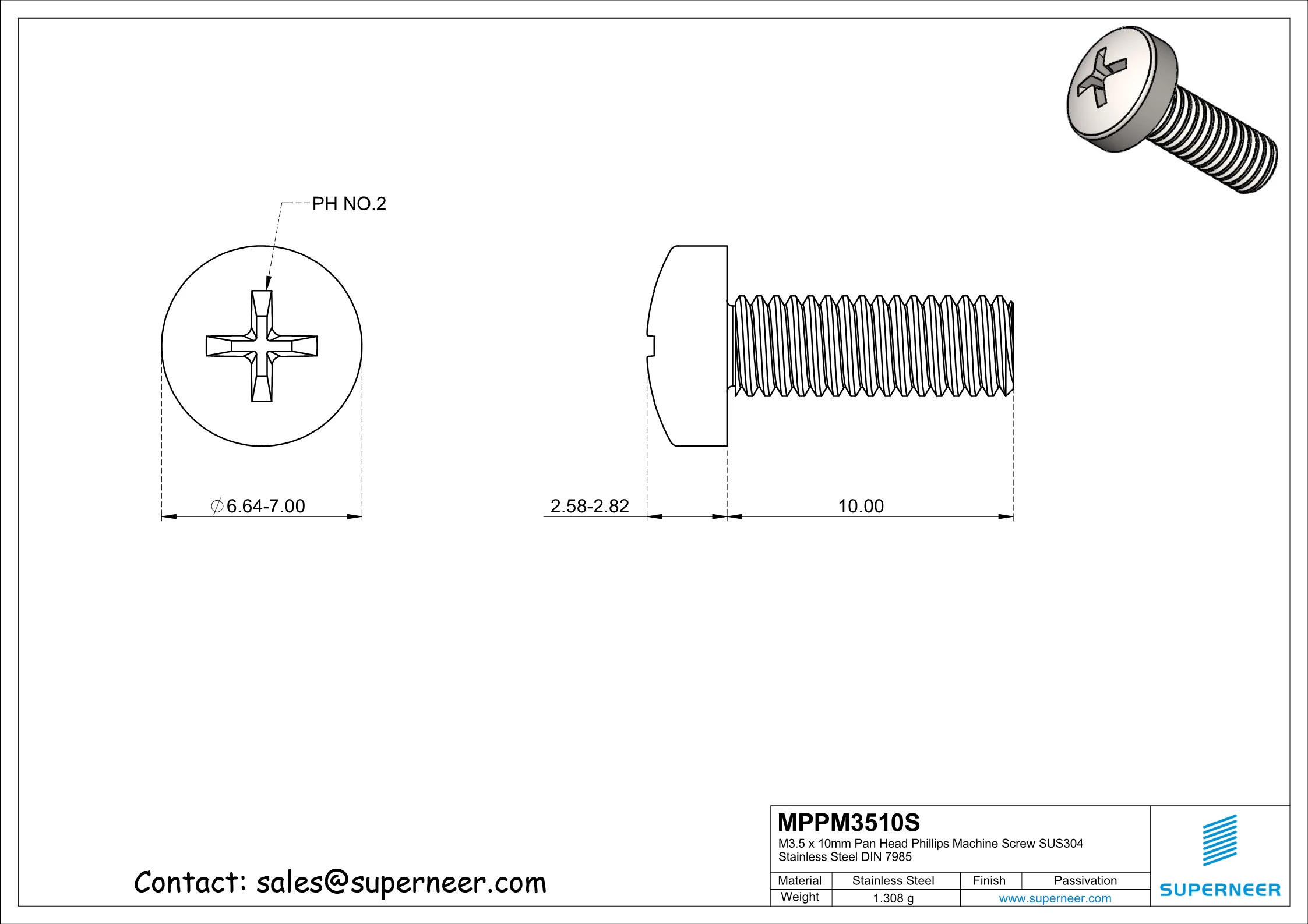 M3.5 x 10 mm  Pan Head Phillips Machine Screw SUS304 Stainless Steel Inox DIN 7985