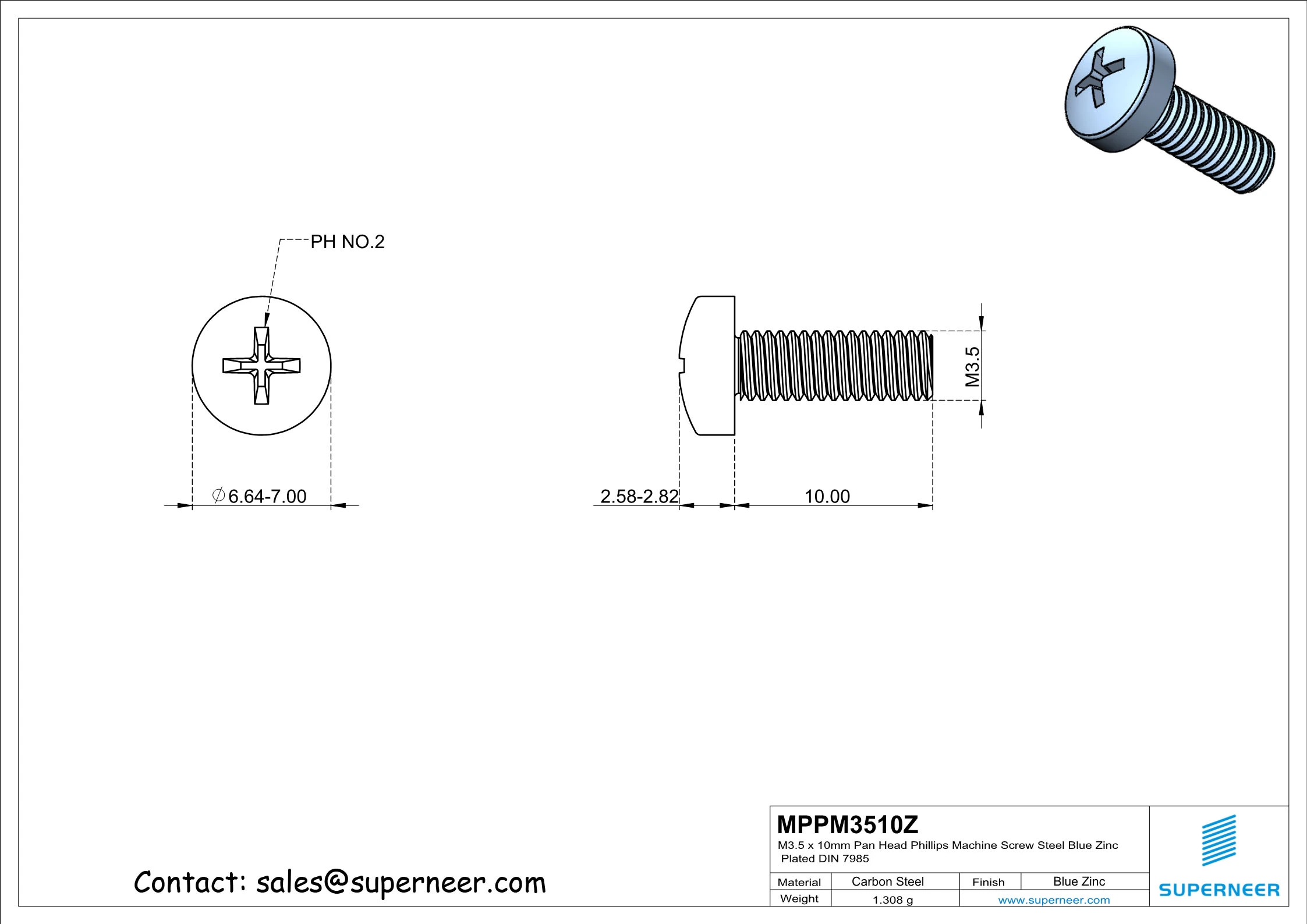 M3.5 x 10 mm Pan Head Phillips Machine Screw Steel Blue Zinc Plated DIN 7985