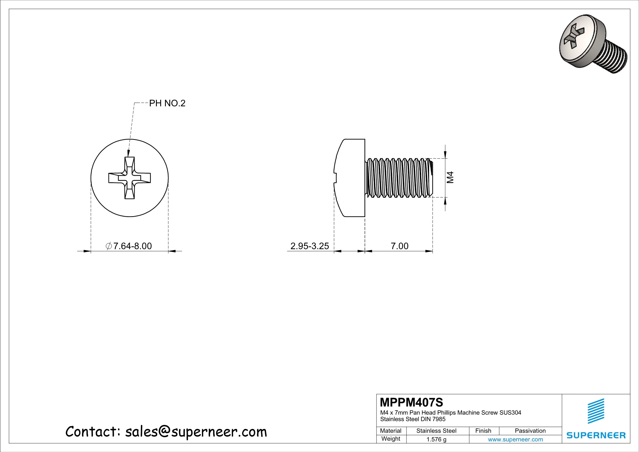 M4 x 7 mm  Pan Head Phillips Machine Screw SUS304 Stainless Steel Inox DIN 7985