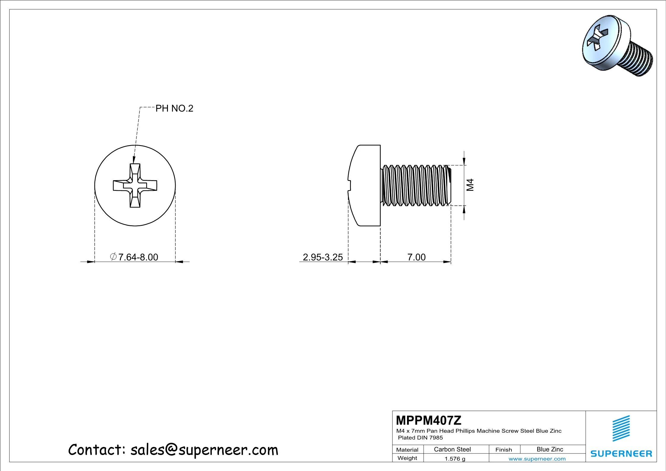 M4 x 7 mm Pan Head Phillips Machine Screw Steel Blue Zinc Plated DIN 7985