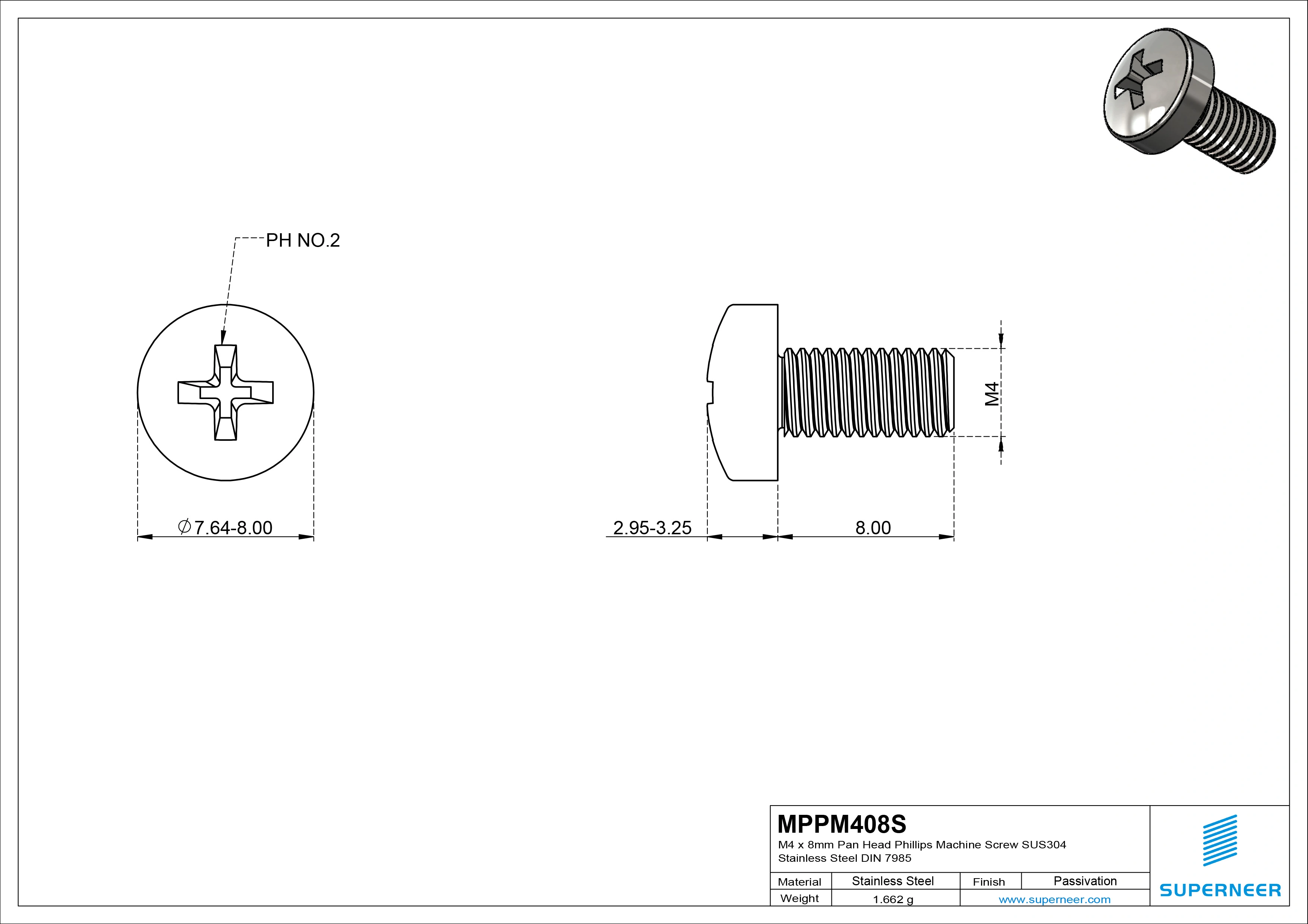 M4 x 8 mm  Pan Head Phillips Machine Screw SUS304 Stainless Steel Inox DIN 7985