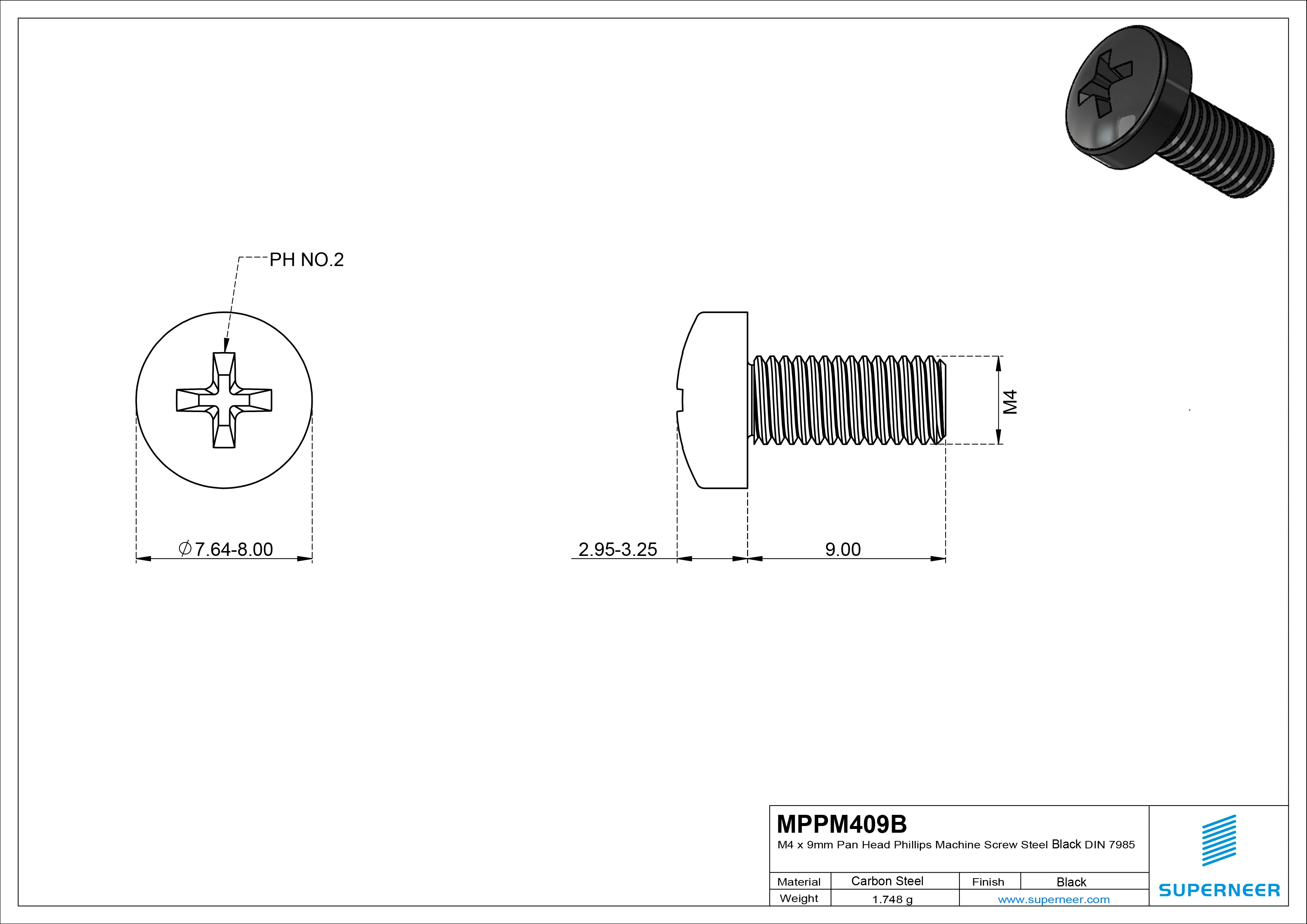 M4 x 9 mm Pan Head Phillips Machine Screw Steel Black DIN 7985