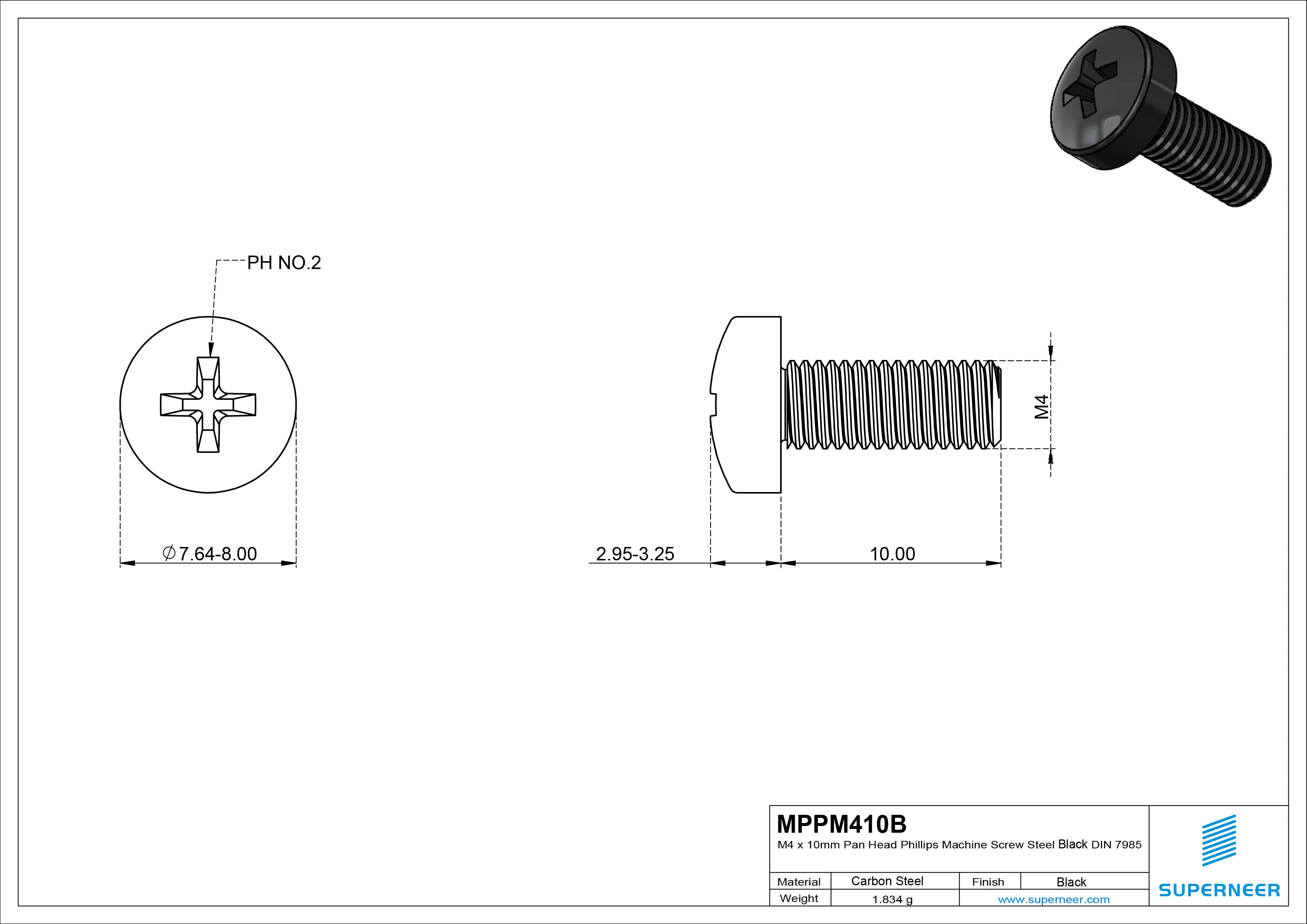 M4 x 10 mm Pan Head Phillips Machine Screw Steel Black DIN 7985