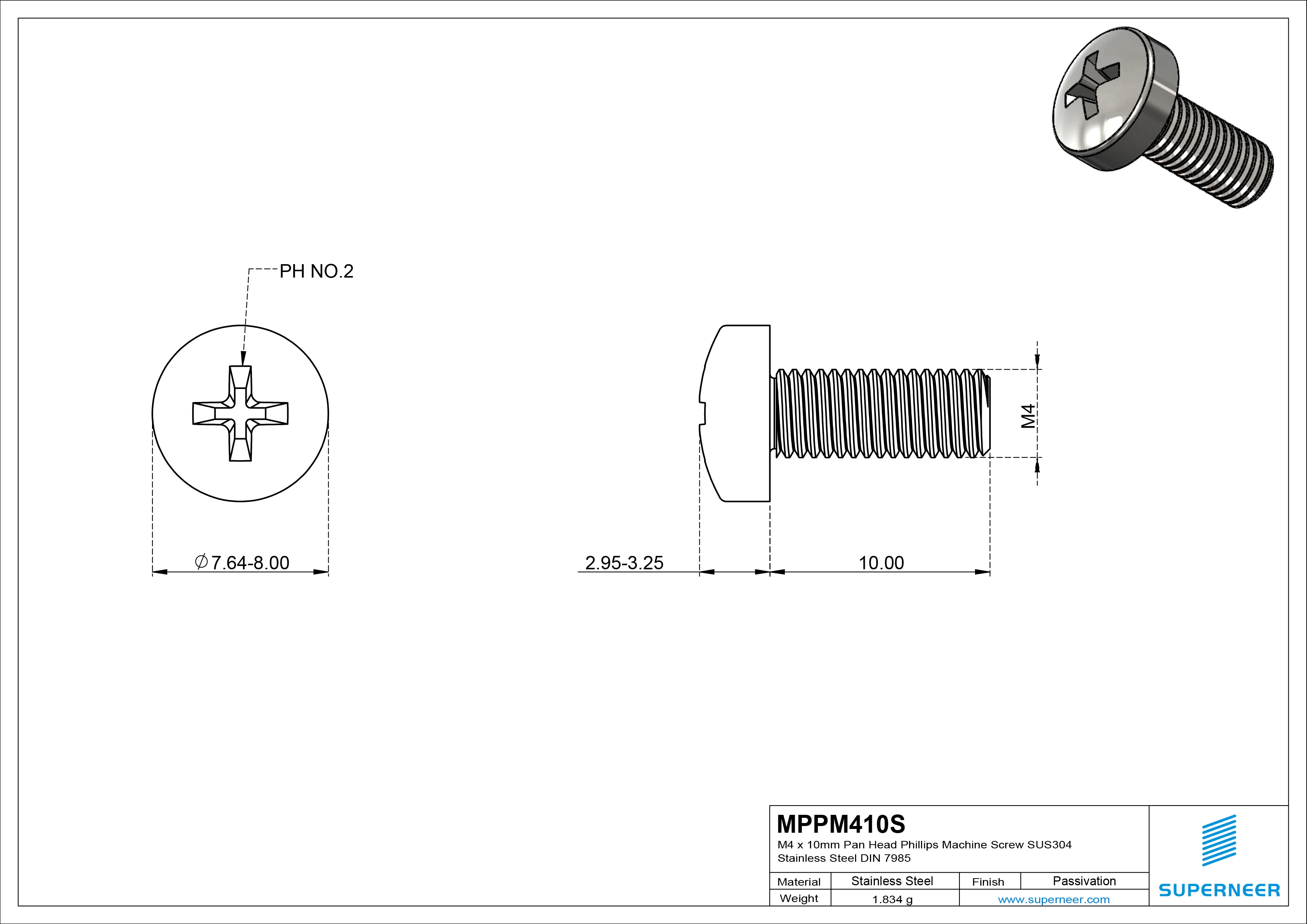 M4 x 10 mm  Pan Head Phillips Machine Screw SUS304 Stainless Steel Inox DIN 7985