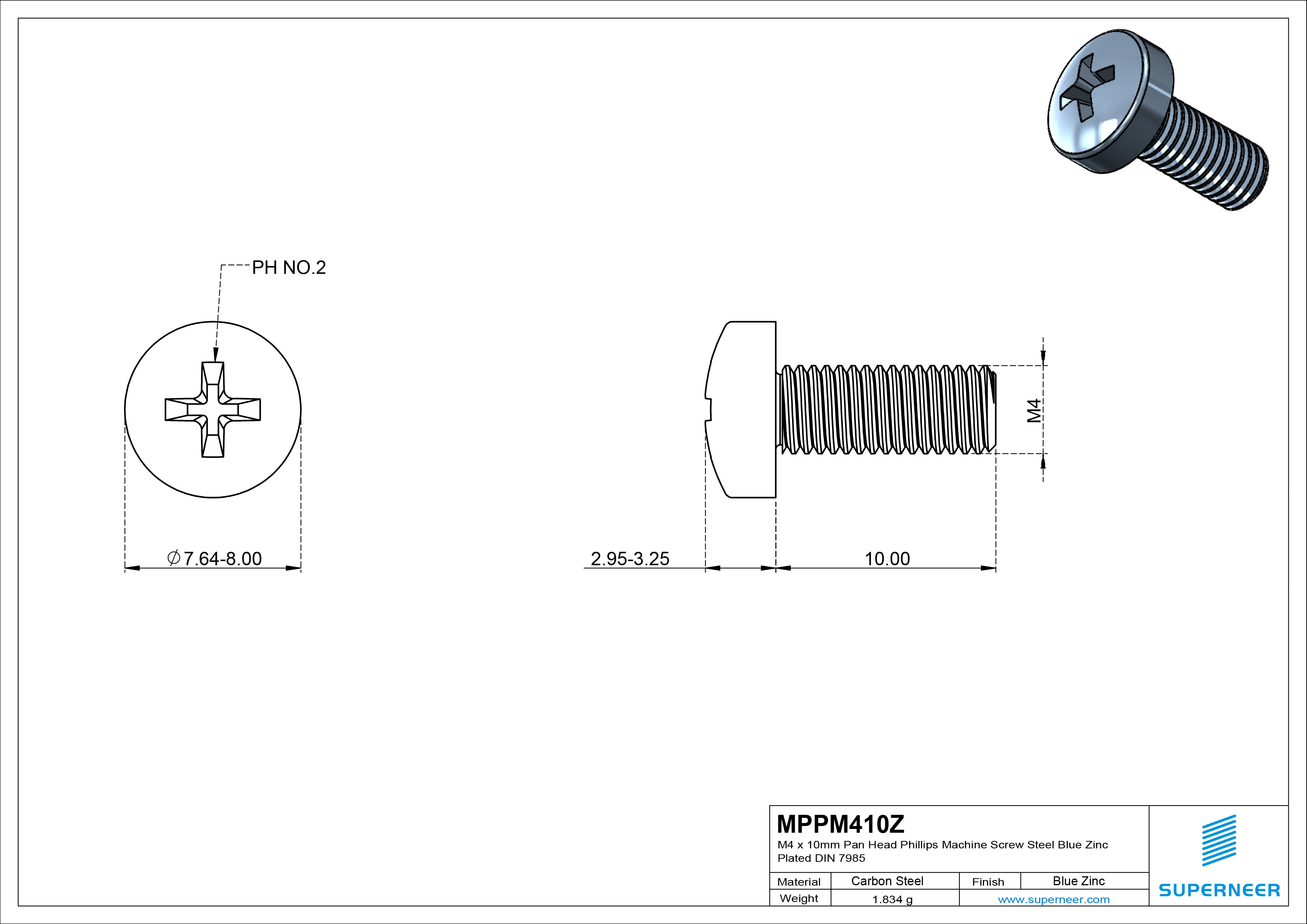 M4 x 10 mm Pan Head Phillips Machine Screw Steel Blue Zinc Plated DIN 7985