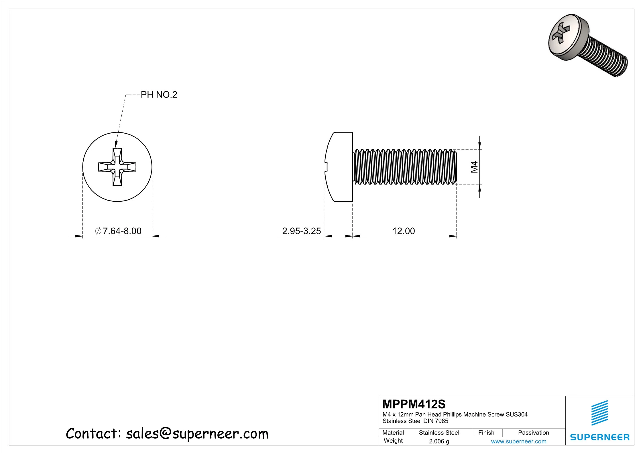 M4 x 12 mm  Pan Head Phillips Machine Screw SUS304 Stainless Steel Inox DIN 7985