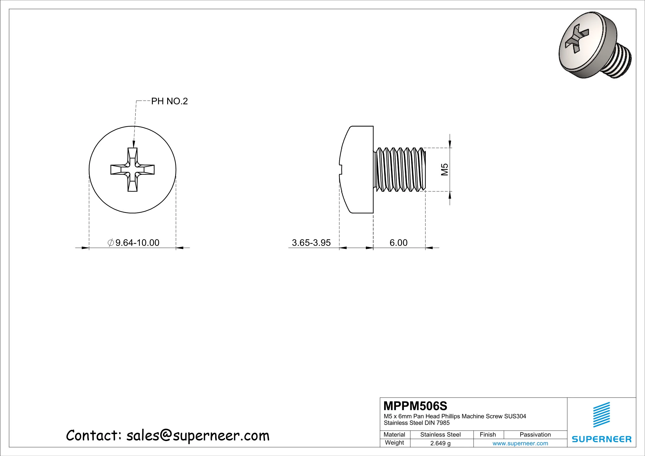 M5 x 6 mm  Pan Head Phillips Machine Screw SUS304 Stainless Steel Inox DIN 7985