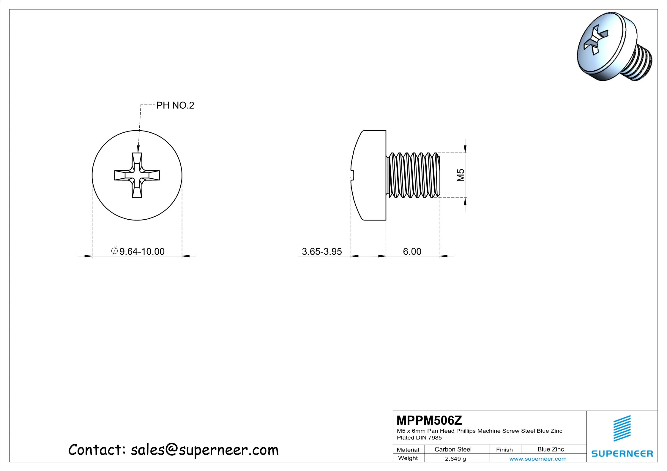 M5 x 6 mm Pan Head Phillips Machine Screw Steel Blue Zinc Plated DIN 7985