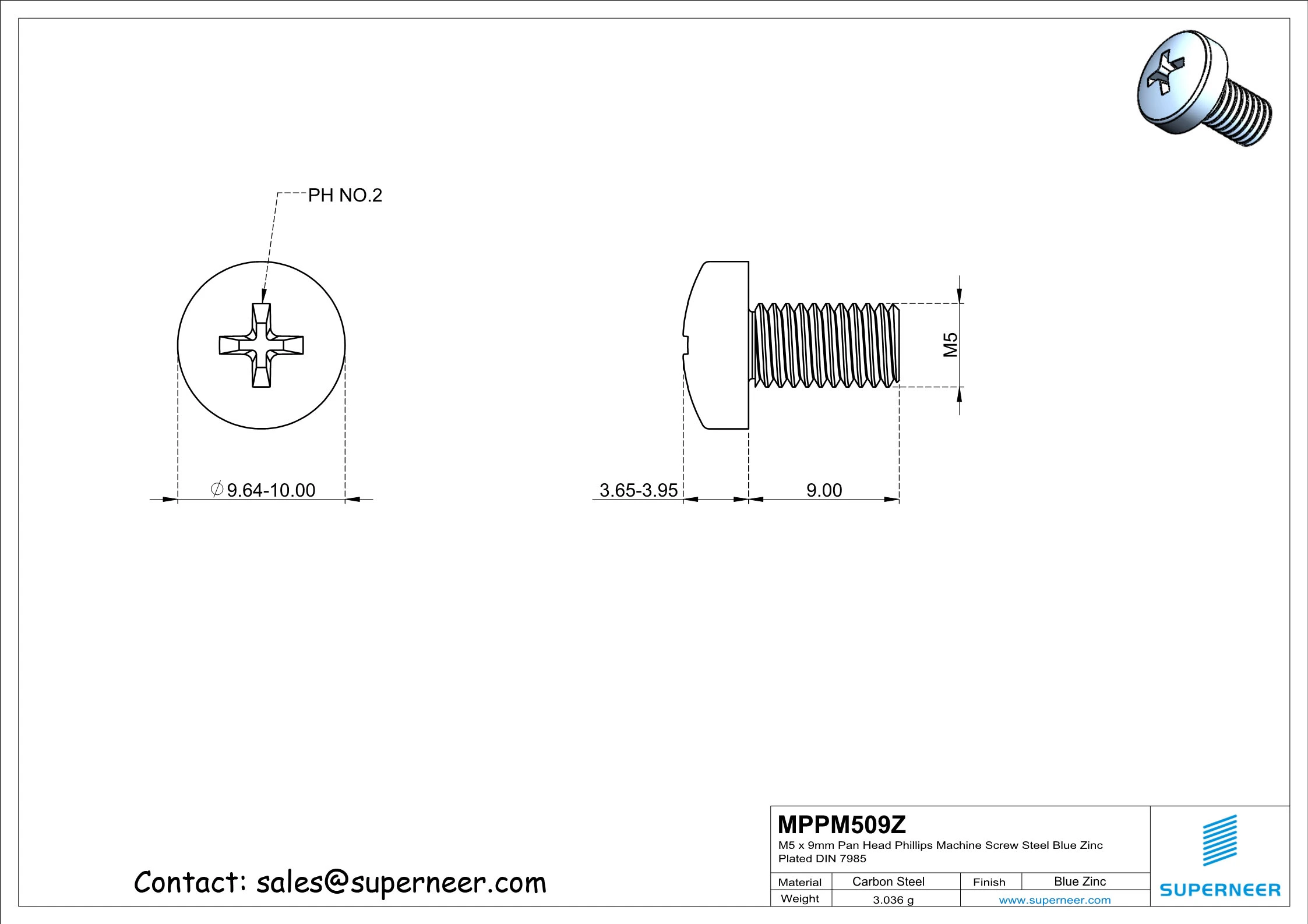 M5 x 9 mm Pan Head Phillips Machine Screw Steel Blue Zinc Plated DIN 7985