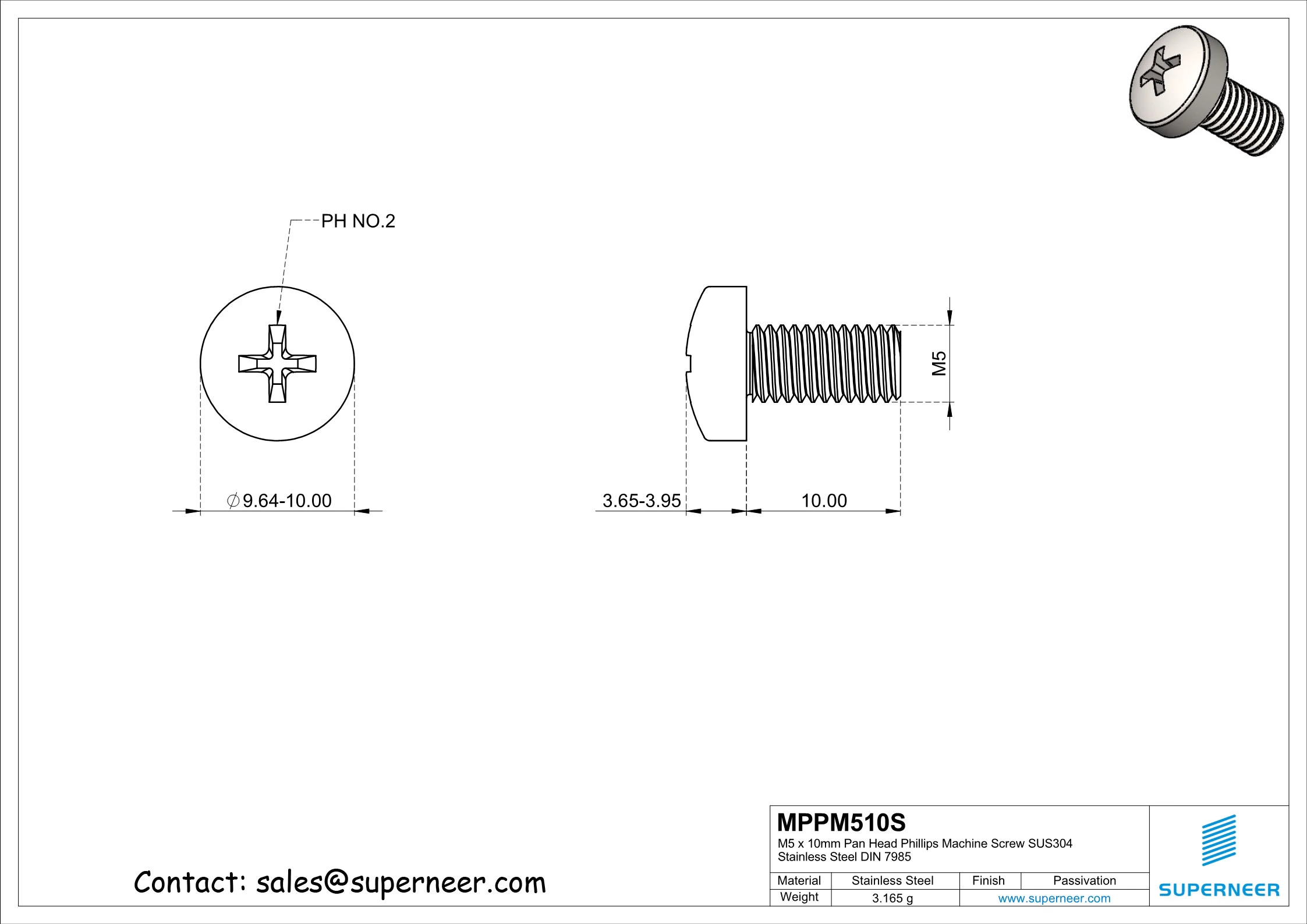 M5 x 10 mm  Pan Head Phillips Machine Screw SUS304 Stainless Steel Inox DIN 7985