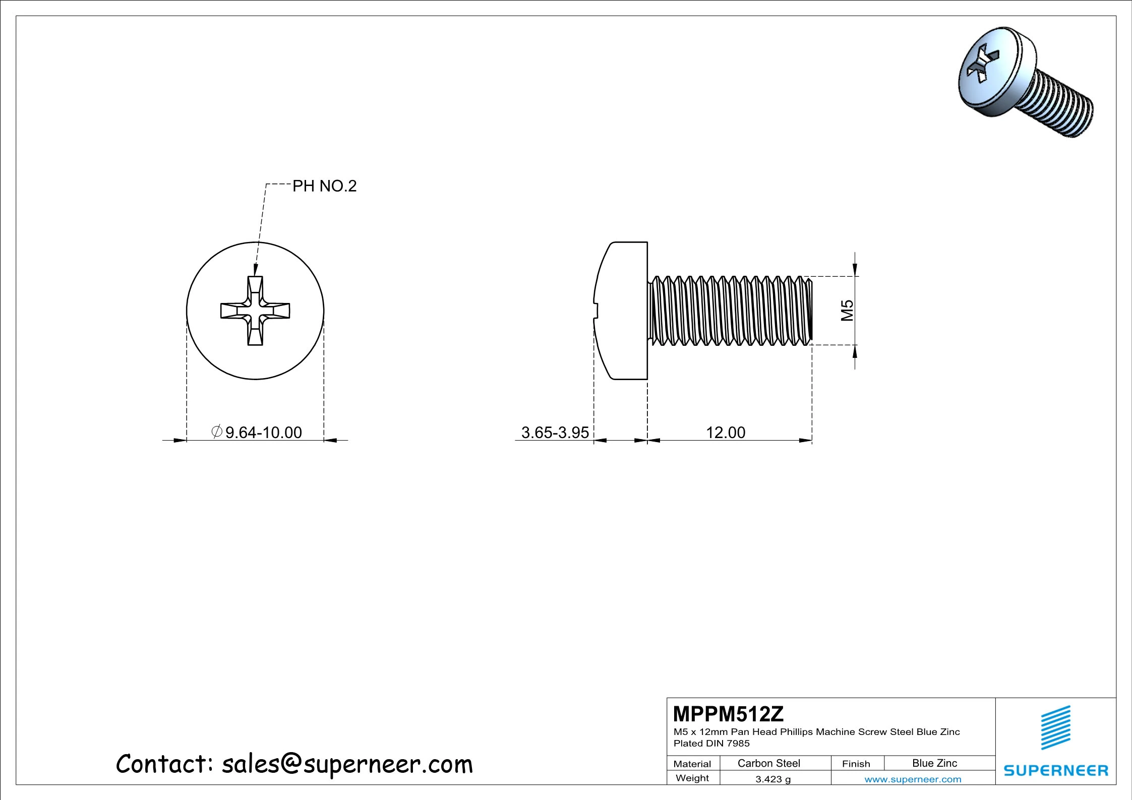 M5 x 12 mm Pan Head Phillips Machine Screw Steel Blue Zinc Plated DIN 7985