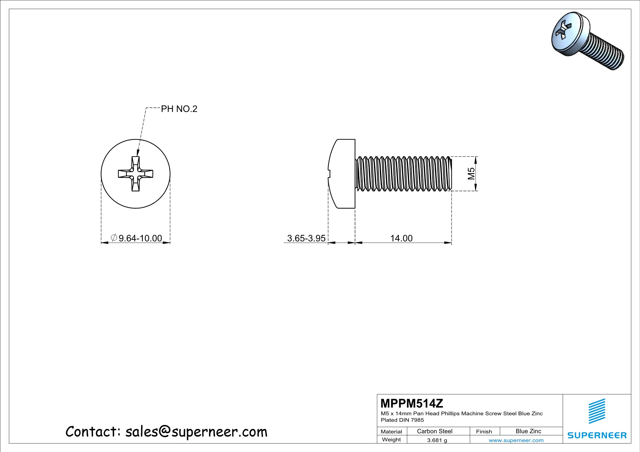 M5 x 14 mm Pan Head Phillips Machine Screw Steel Blue Zinc Plated DIN 7985