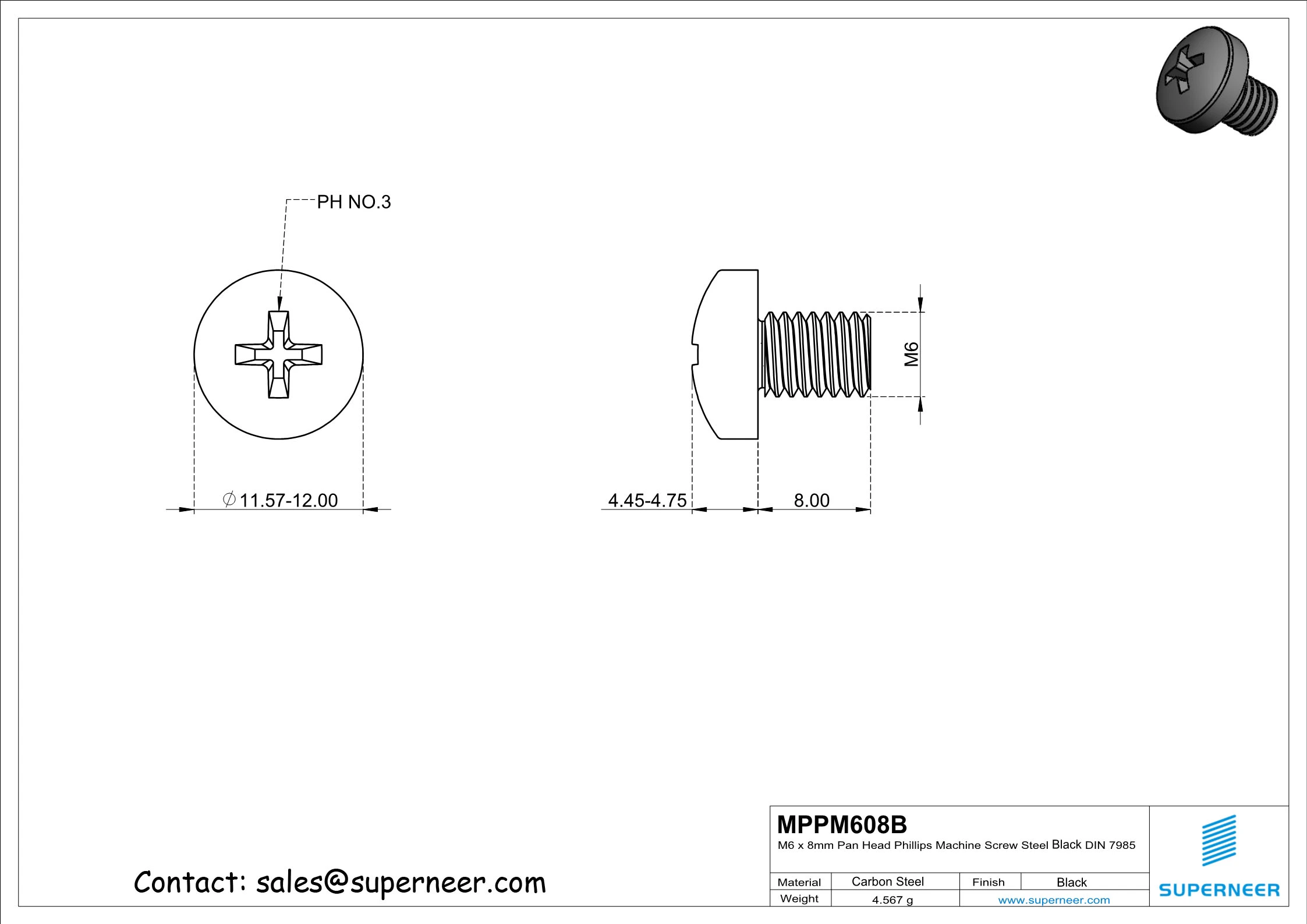 M6 x 8 mm Pan Head Phillips Machine Screw Steel Black DIN 7985