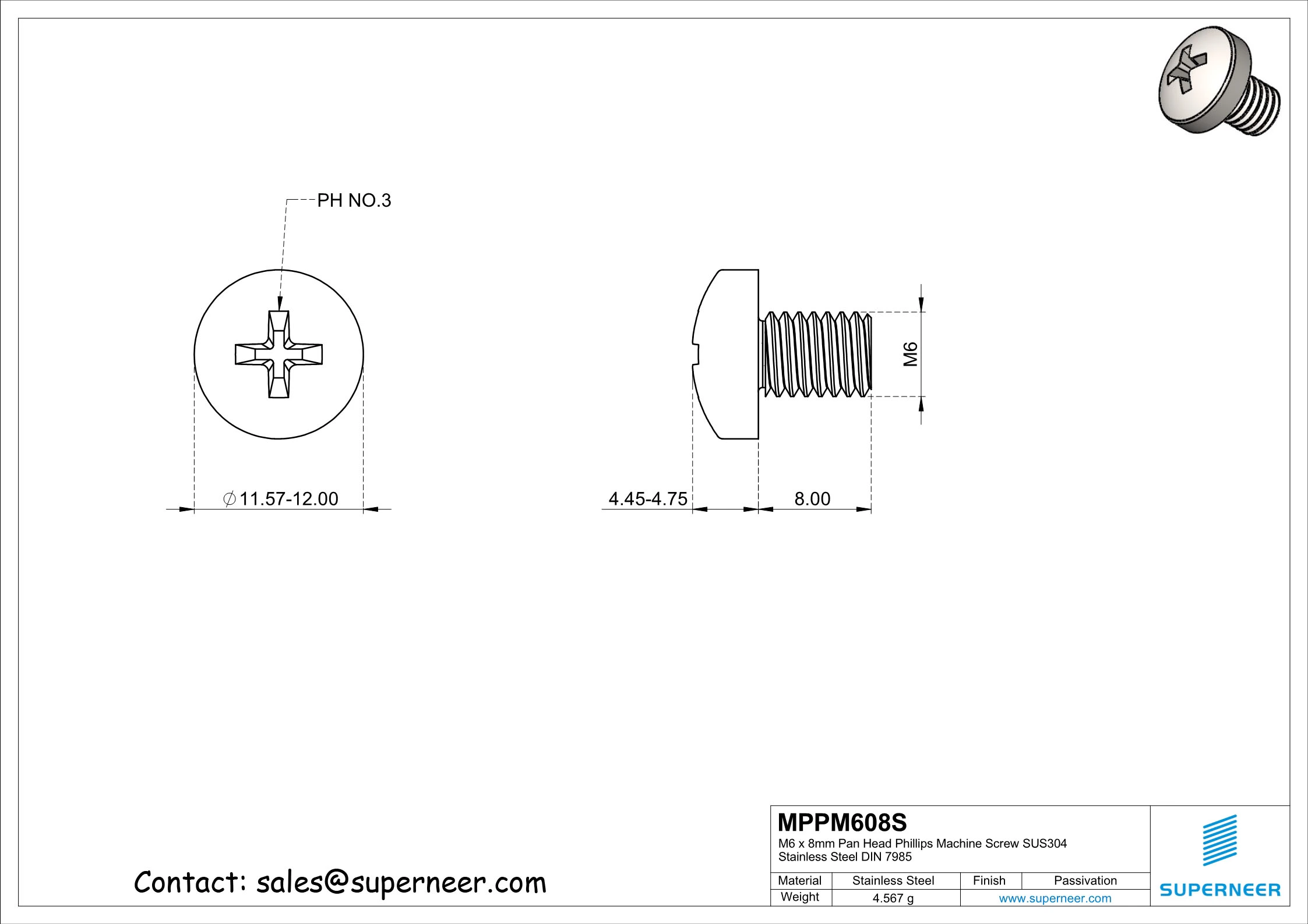 M6 x 8 mm  Pan Head Phillips Machine Screw SUS304 Stainless Steel Inox DIN 7985