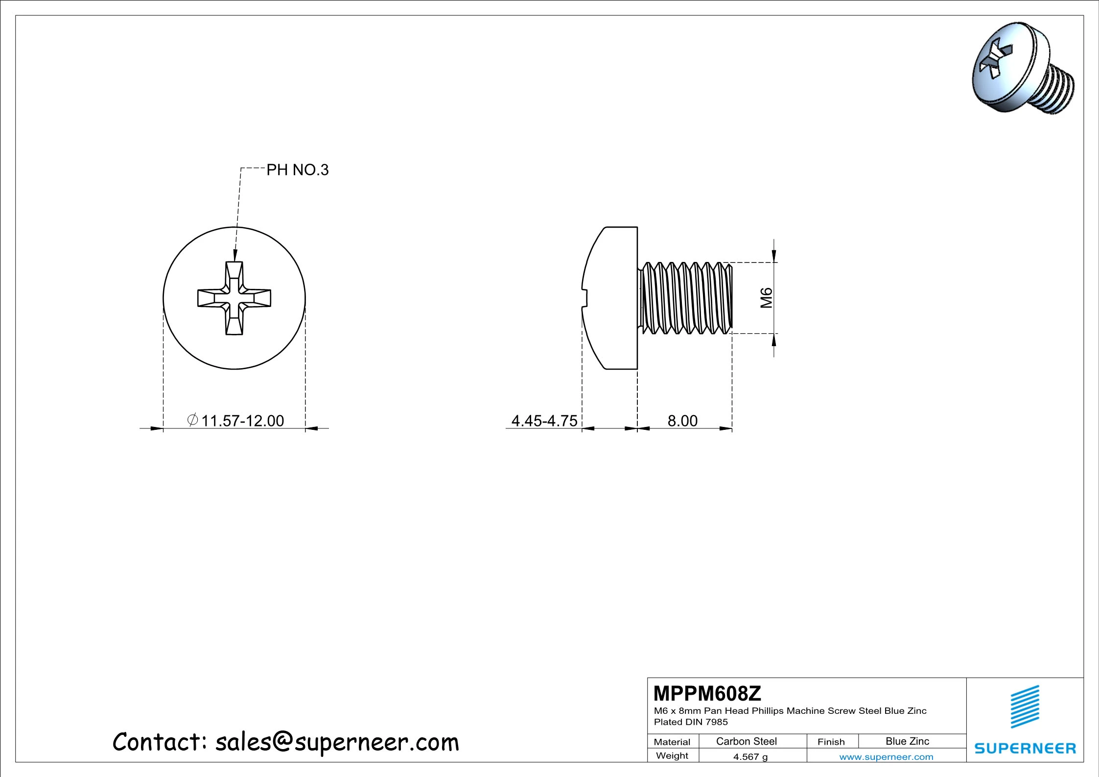 M6 x 8 mm Pan Head Phillips Machine Screw Steel Blue Zinc Plated DIN 7985