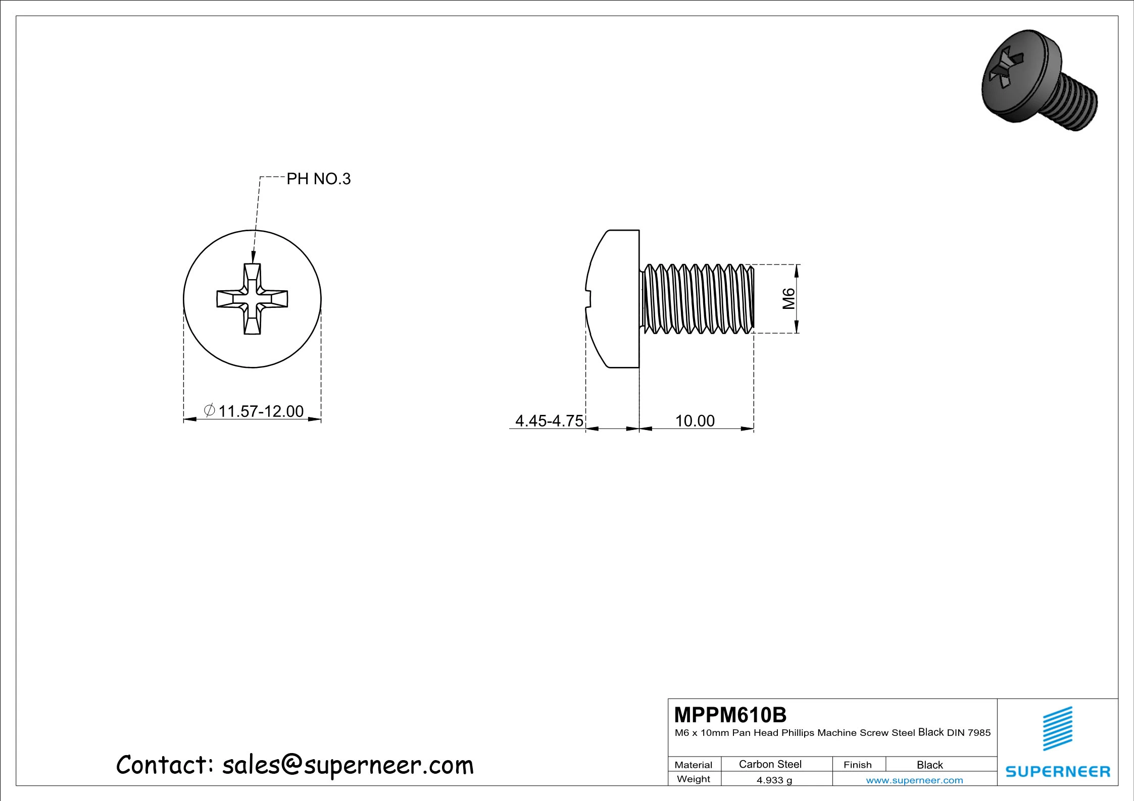 M6 x 10 mm Pan Head Phillips Machine Screw Steel Black DIN 7985