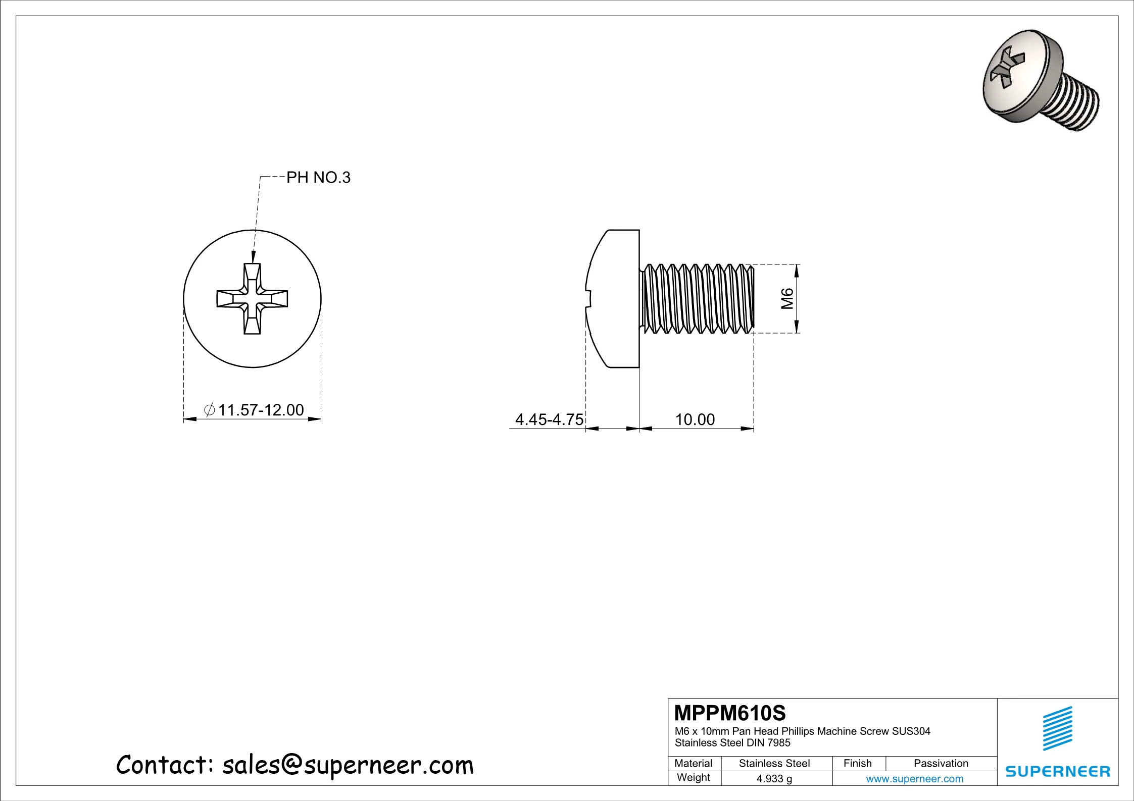 M6 x 10 mm  Pan Head Phillips Machine Screw SUS304 Stainless Steel Inox DIN 7985