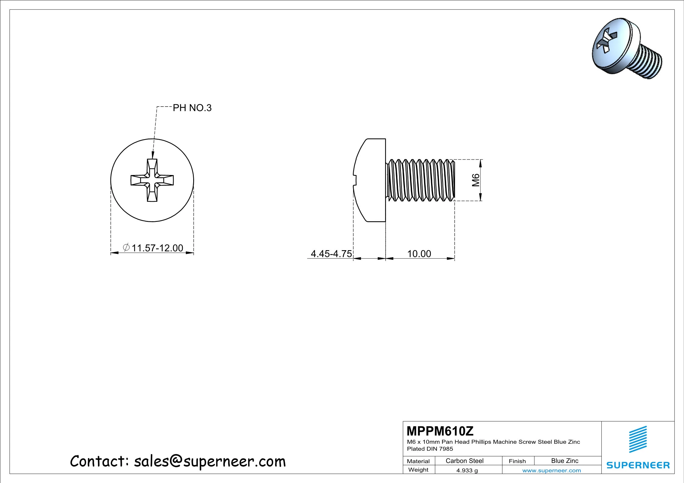 M6 x 10 mm Pan Head Phillips Machine Screw Steel Blue Zinc Plated DIN 7985