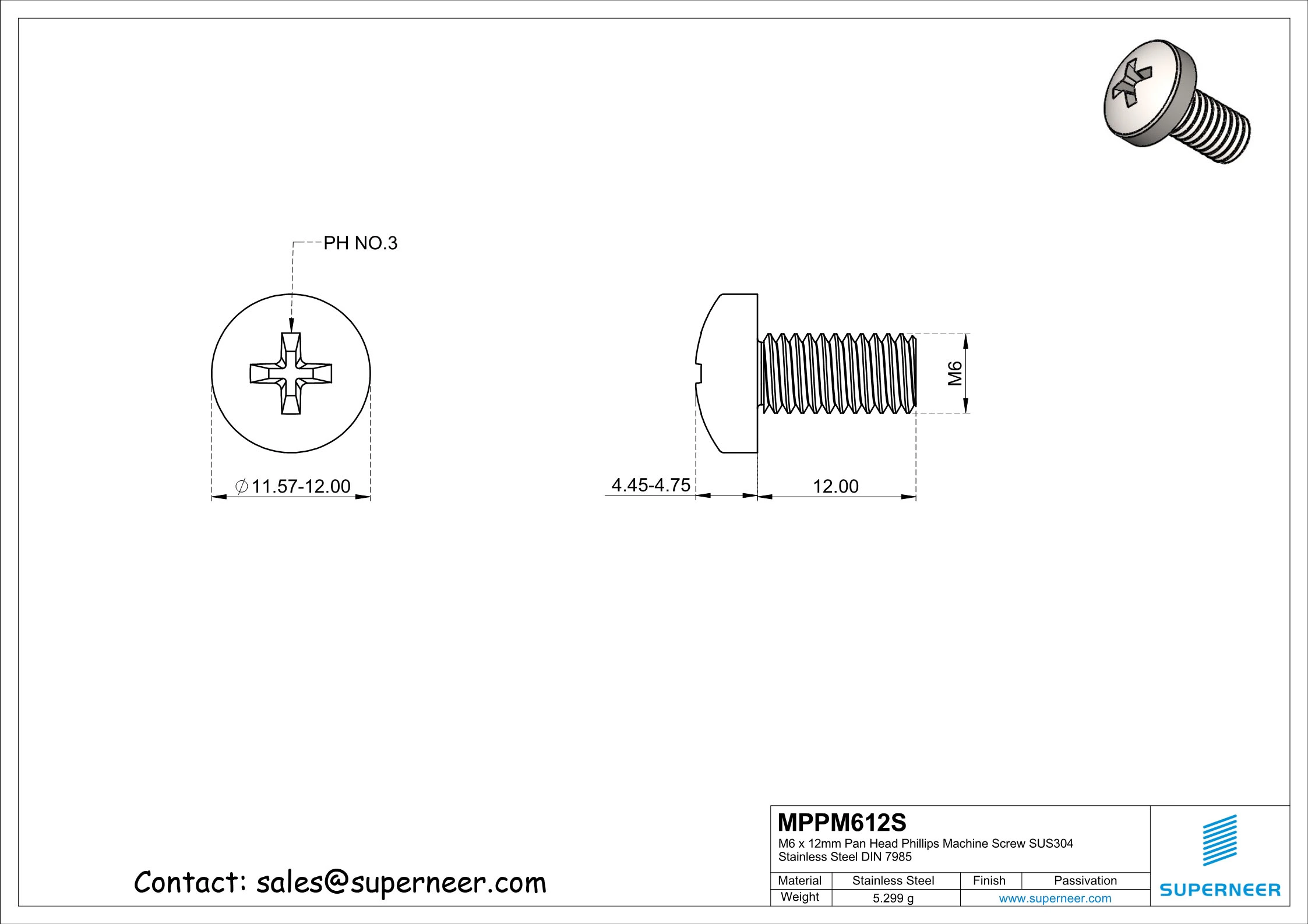 M6 x 12 mm  Pan Head Phillips Machine Screw SUS304 Stainless Steel Inox DIN 7985