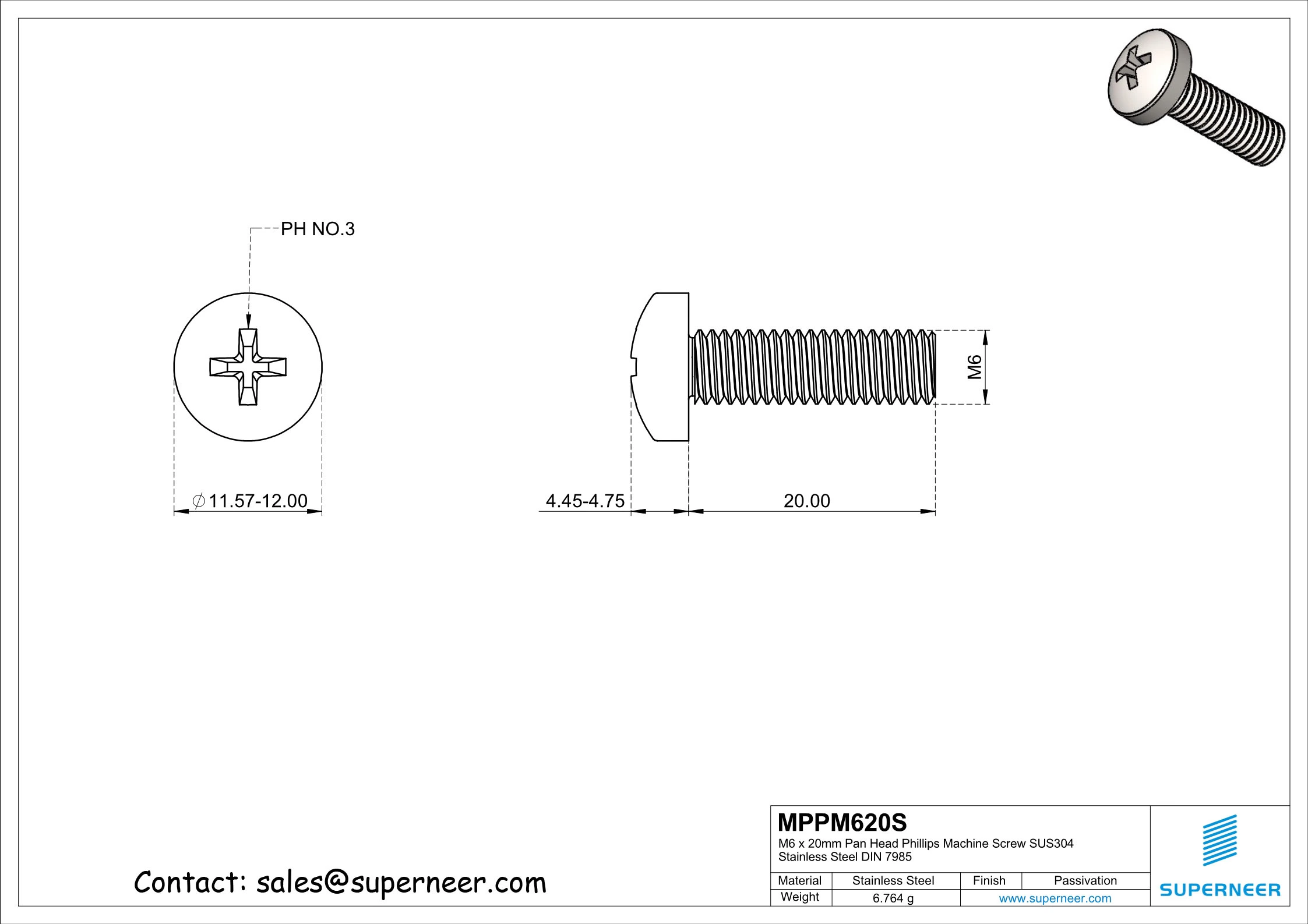 M6 x 20 mm  Pan Head Phillips Machine Screw SUS304 Stainless Steel Inox DIN 7985