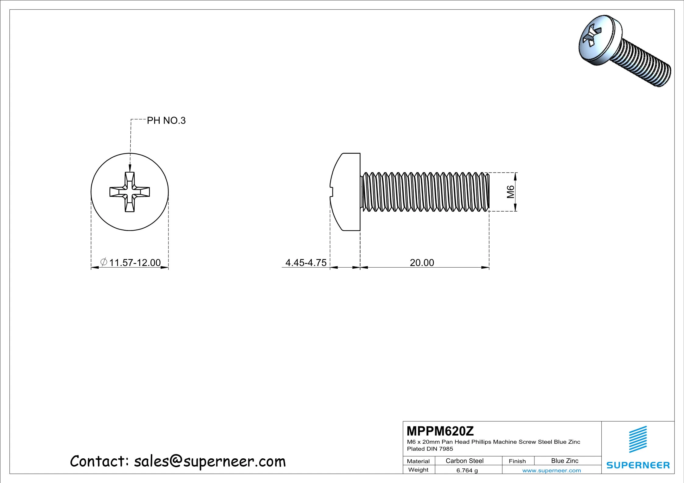 M6 x 20 mm Pan Head Phillips Machine Screw Steel Blue Zinc Plated DIN 7985