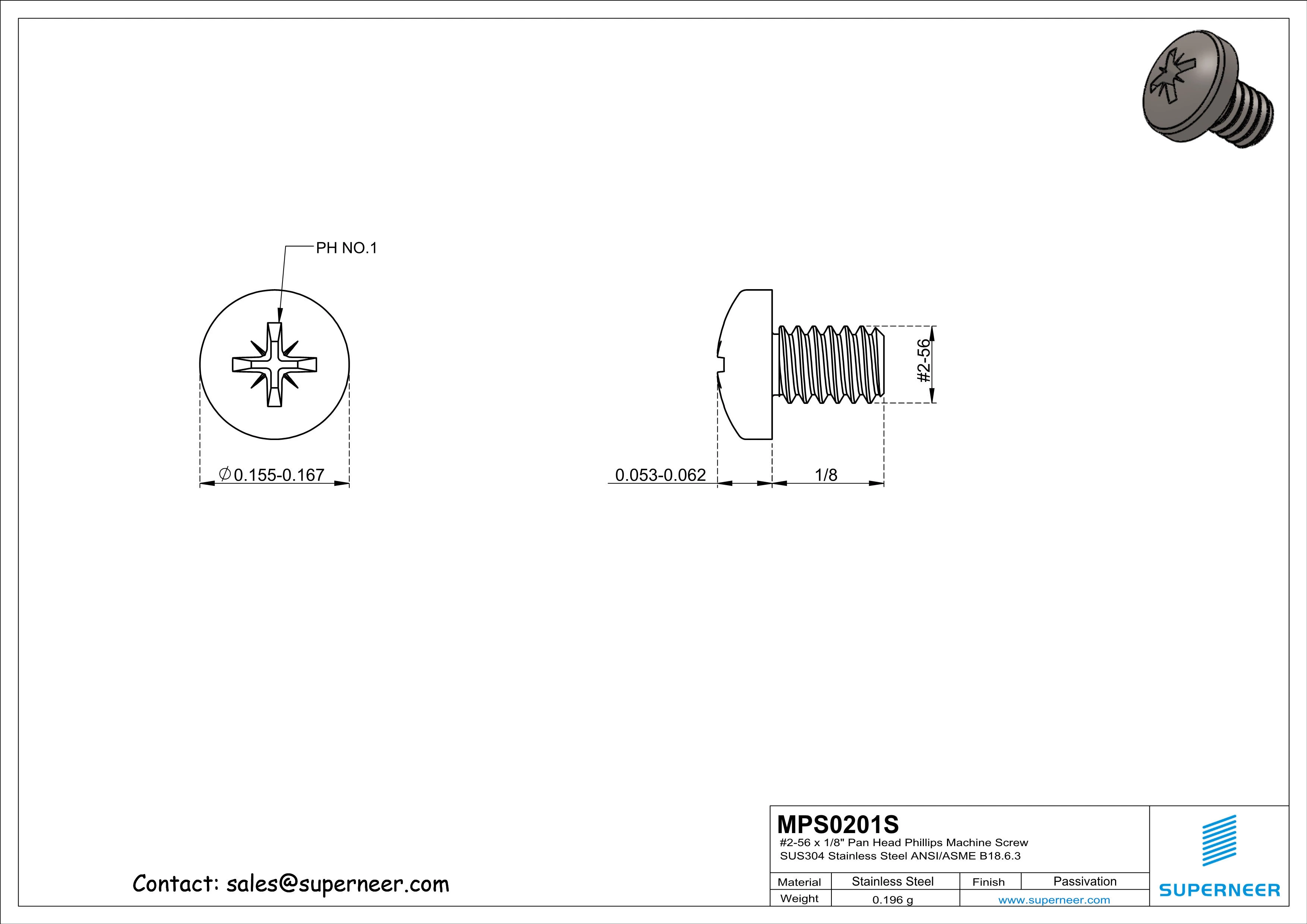 2-56 x 1/8" Pan Head Pozi Machine Screw SUS304 Stainless Steel Inox ANSI/ASME B18.6.3