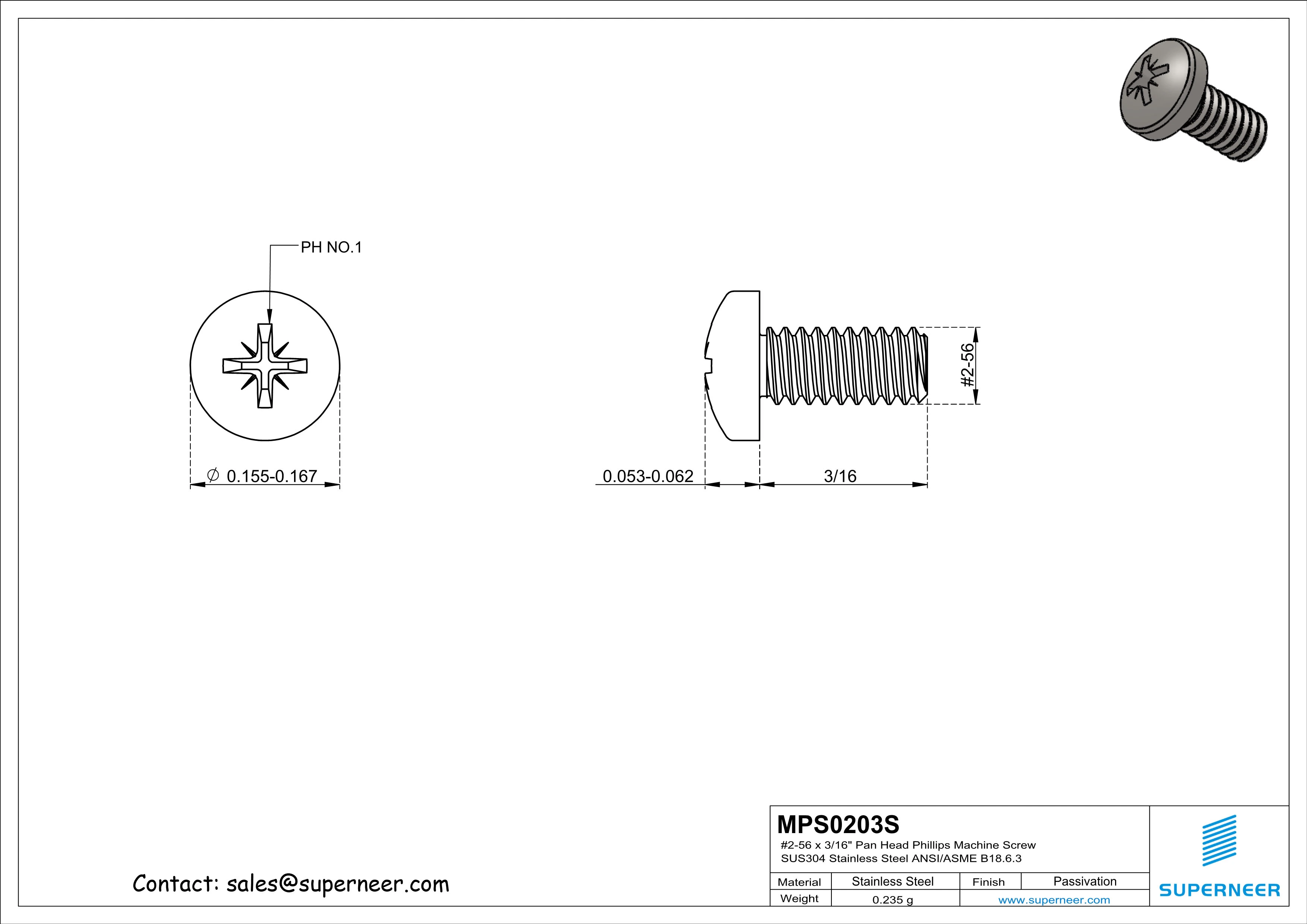 2-56 x 3/16" Pan Head Pozi Machine Screw SUS304 Stainless Steel Inox ANSI/ASME B18.6.3