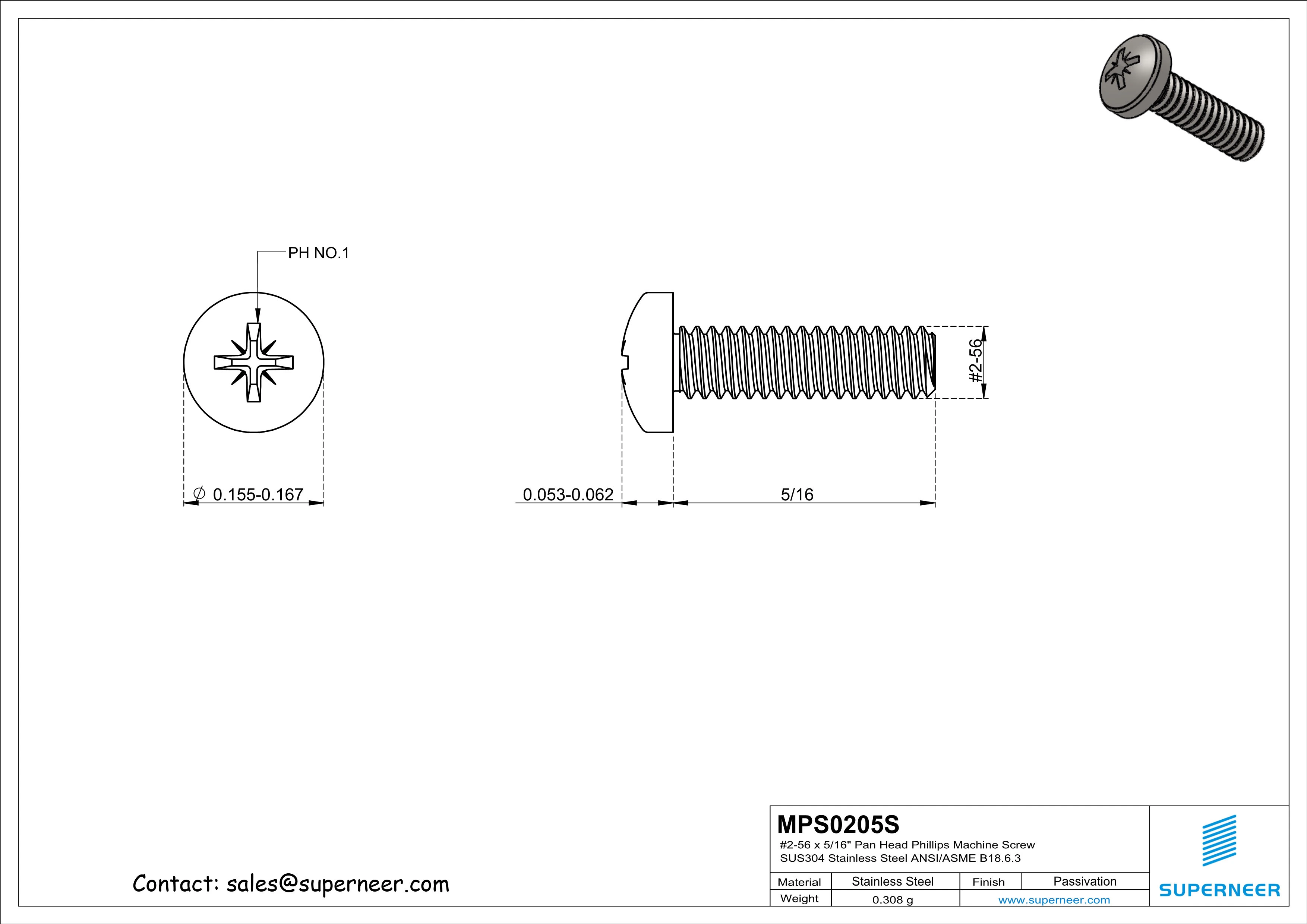 2-56 x 5/16" Pan Head Pozi Machine Screw SUS304 Stainless Steel Inox ANSI/ASME B18.6.3