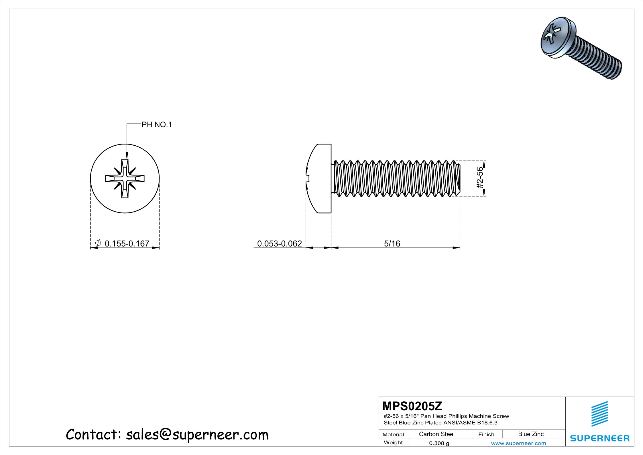 2-56 x 5/16" Pan Head Pozi Machine Screw Steel Blue Zinc Plated ANSI/ASME B18.6.3